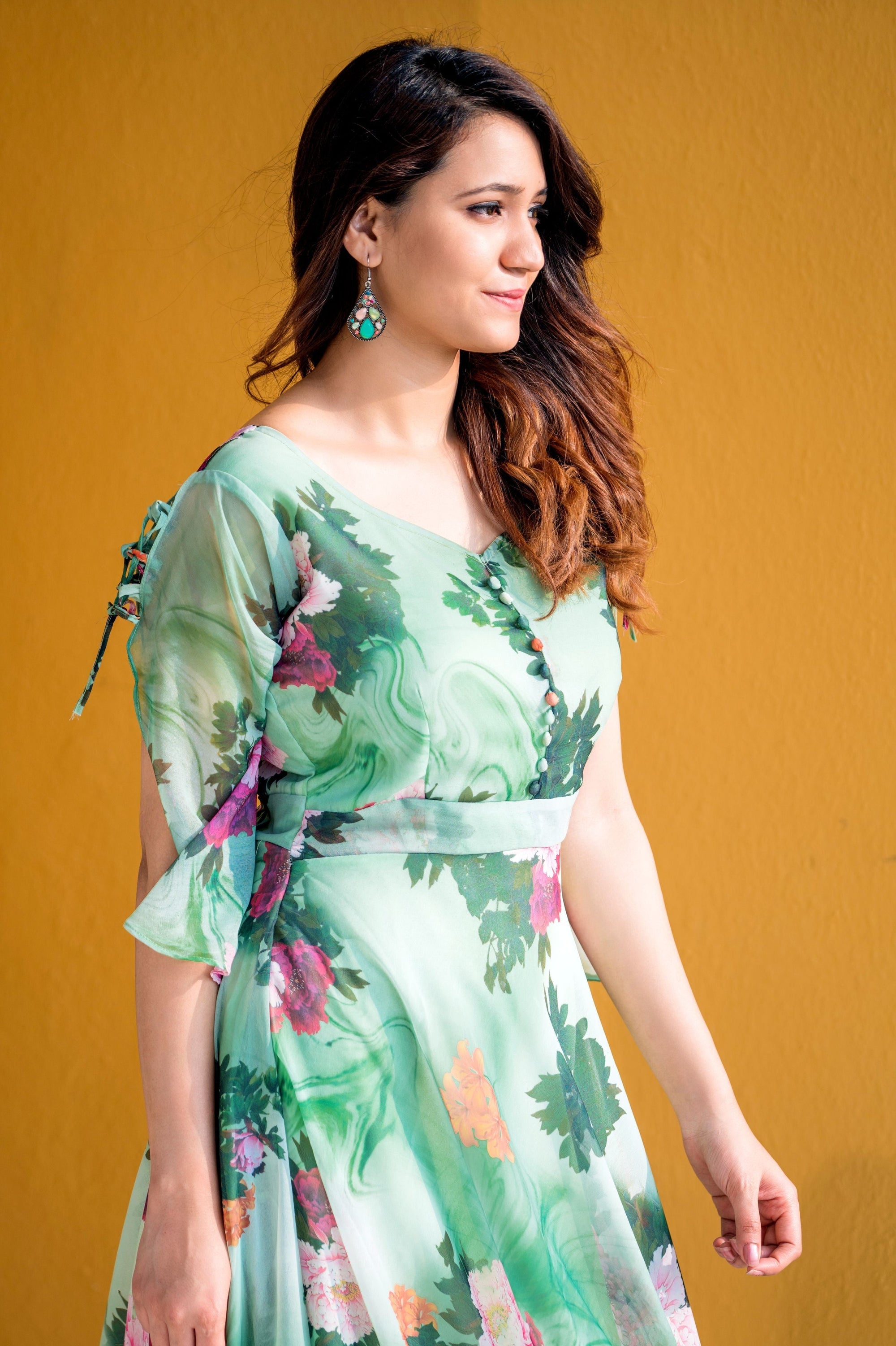 Women Green Floral Print Maxi Dress- House of Saba