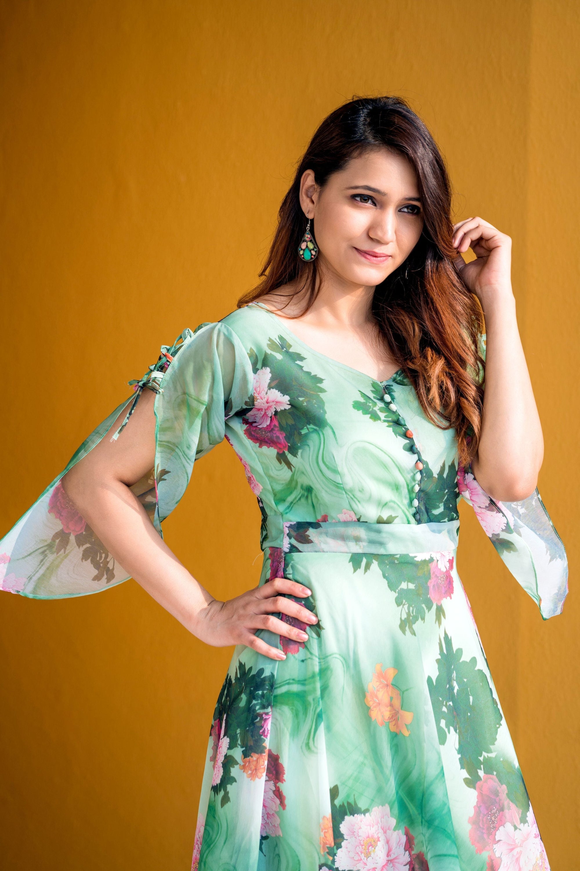 Women Green Floral Print Maxi Dress- House of Saba