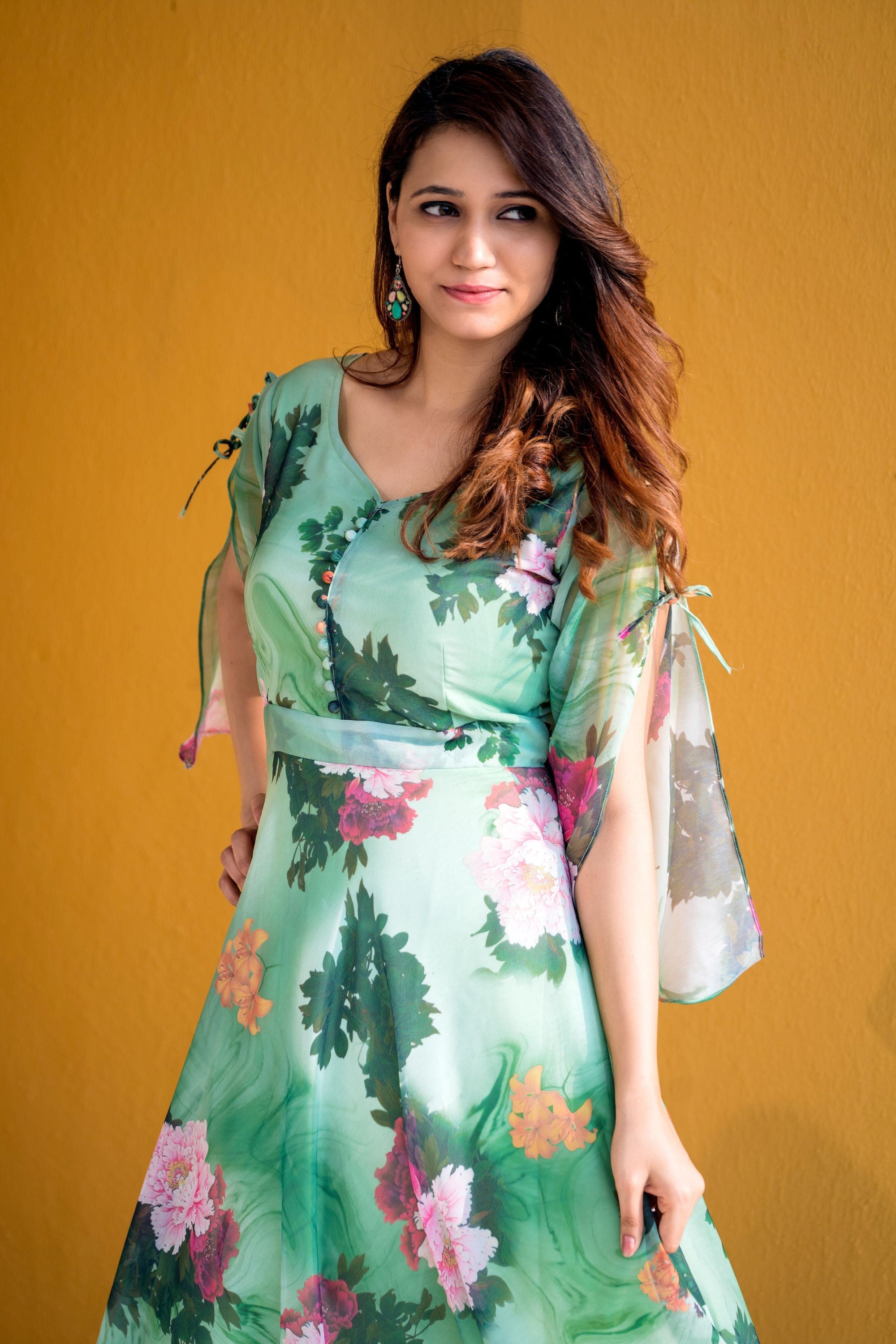 Women Green Floral Print Maxi Dress- House of Saba