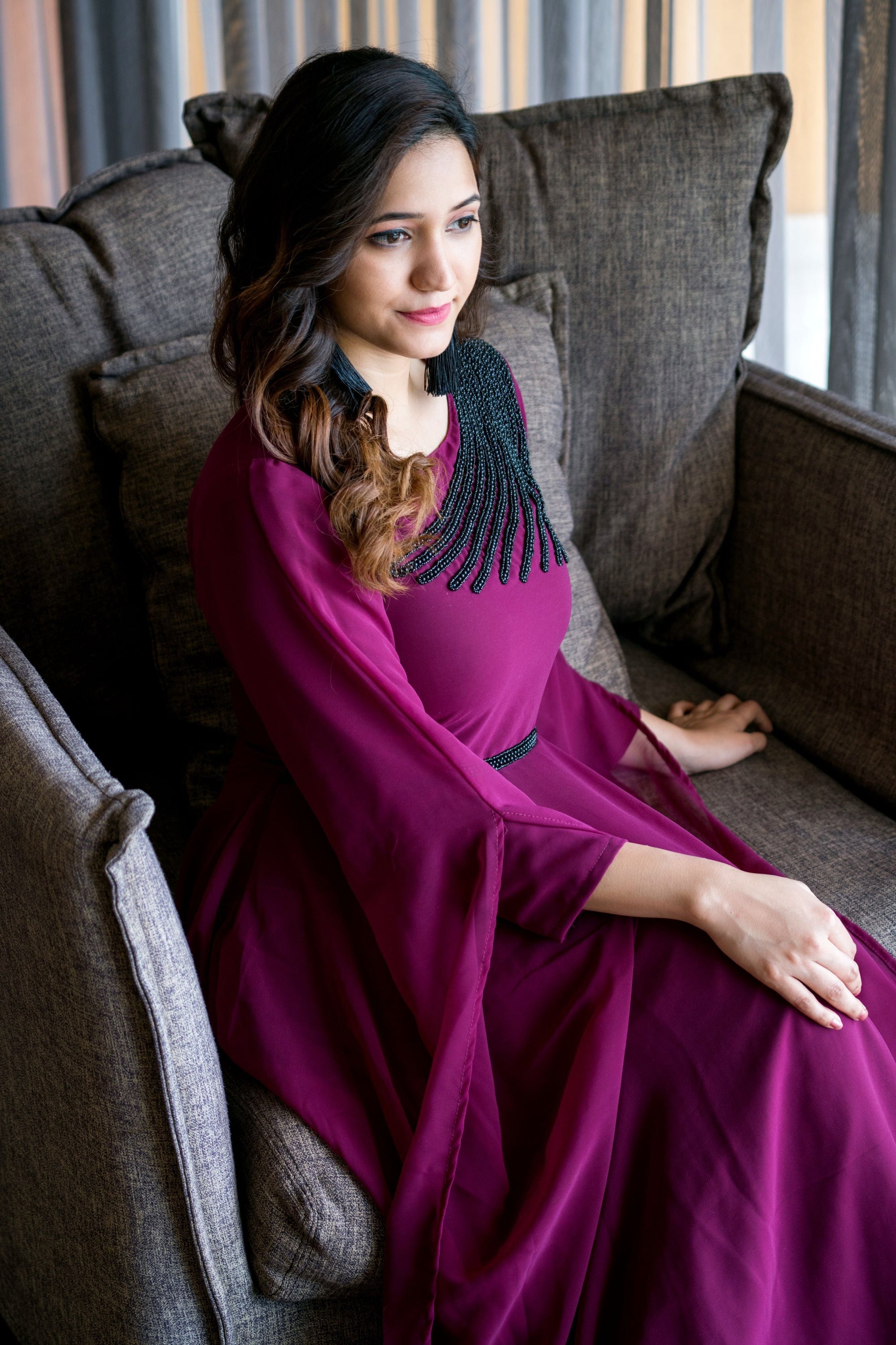 Women Wine Colored Embroidered Round Neck Fit And Flare Gown- House of Saba