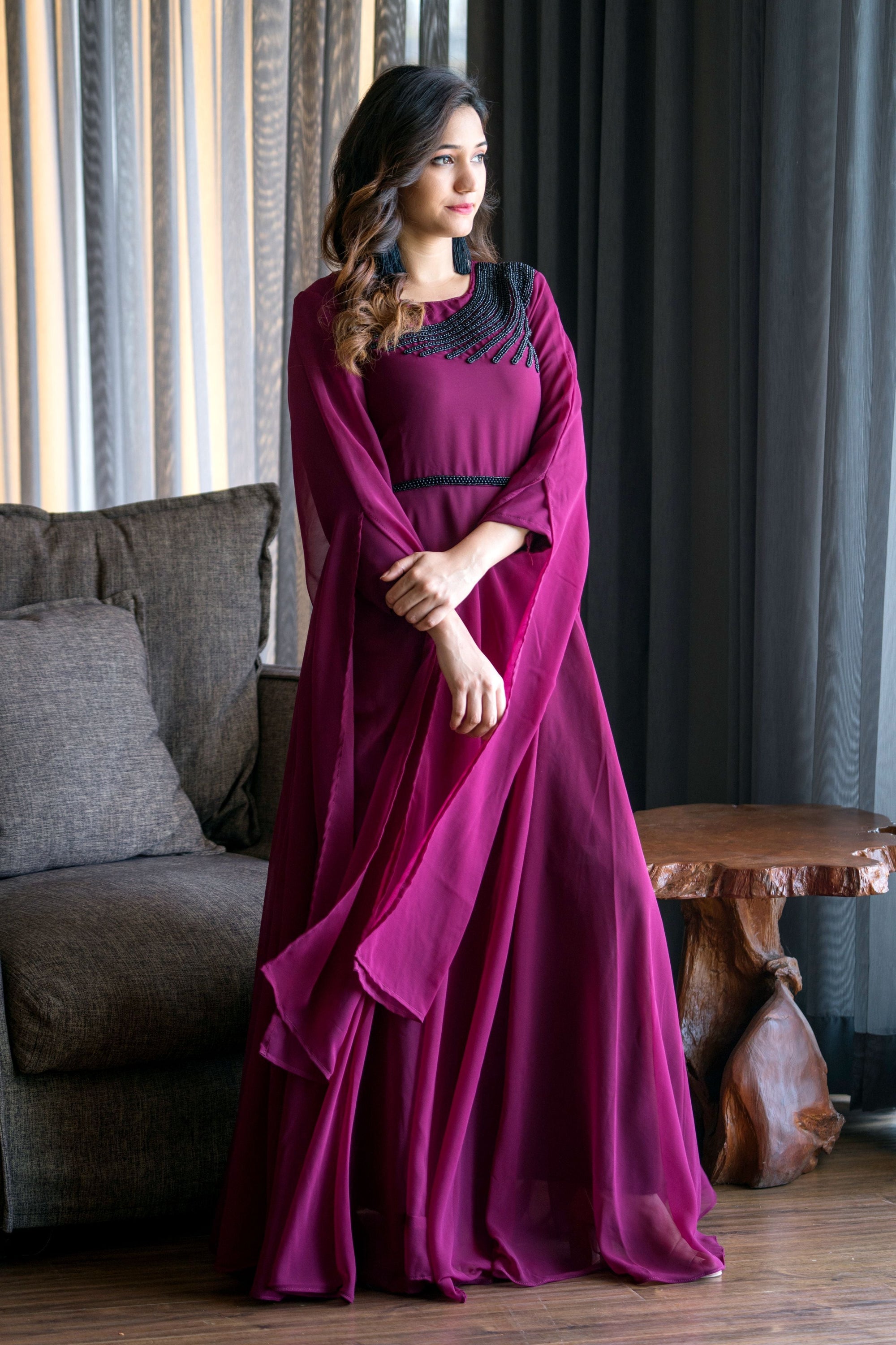 Women Wine Colored Embroidered Round Neck Fit And Flare Gown- House of Saba