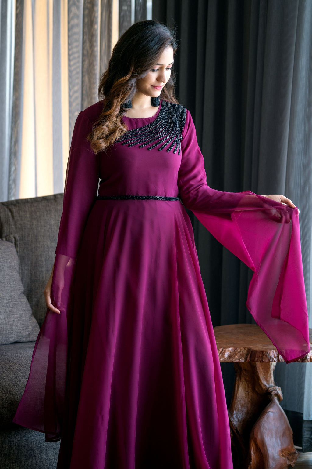 Women Wine Colored Embroidered Round Neck Fit And Flare Gown- House of Saba