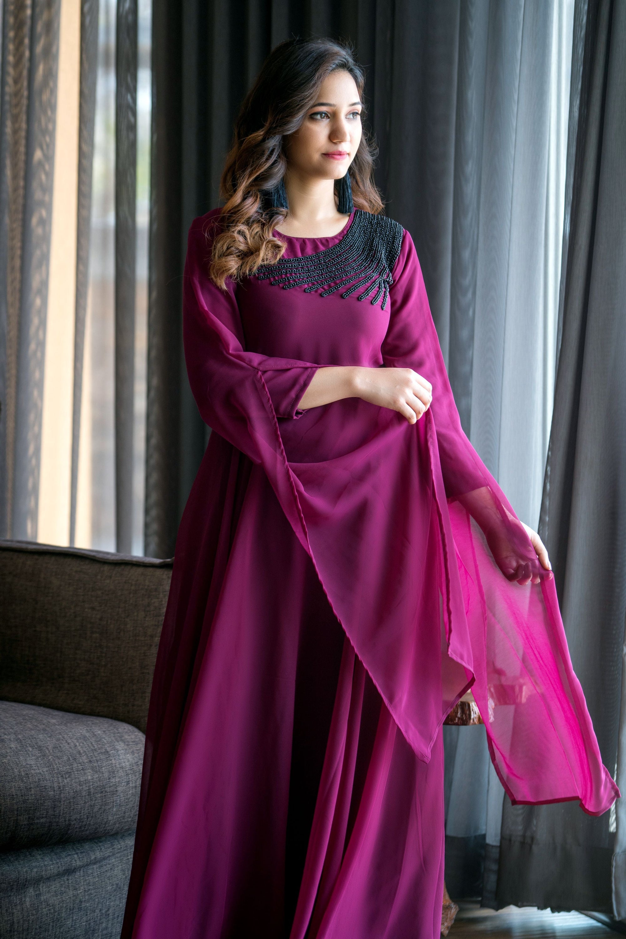 Women Wine Colored Embroidered Round Neck Fit And Flare Gown- House of Saba