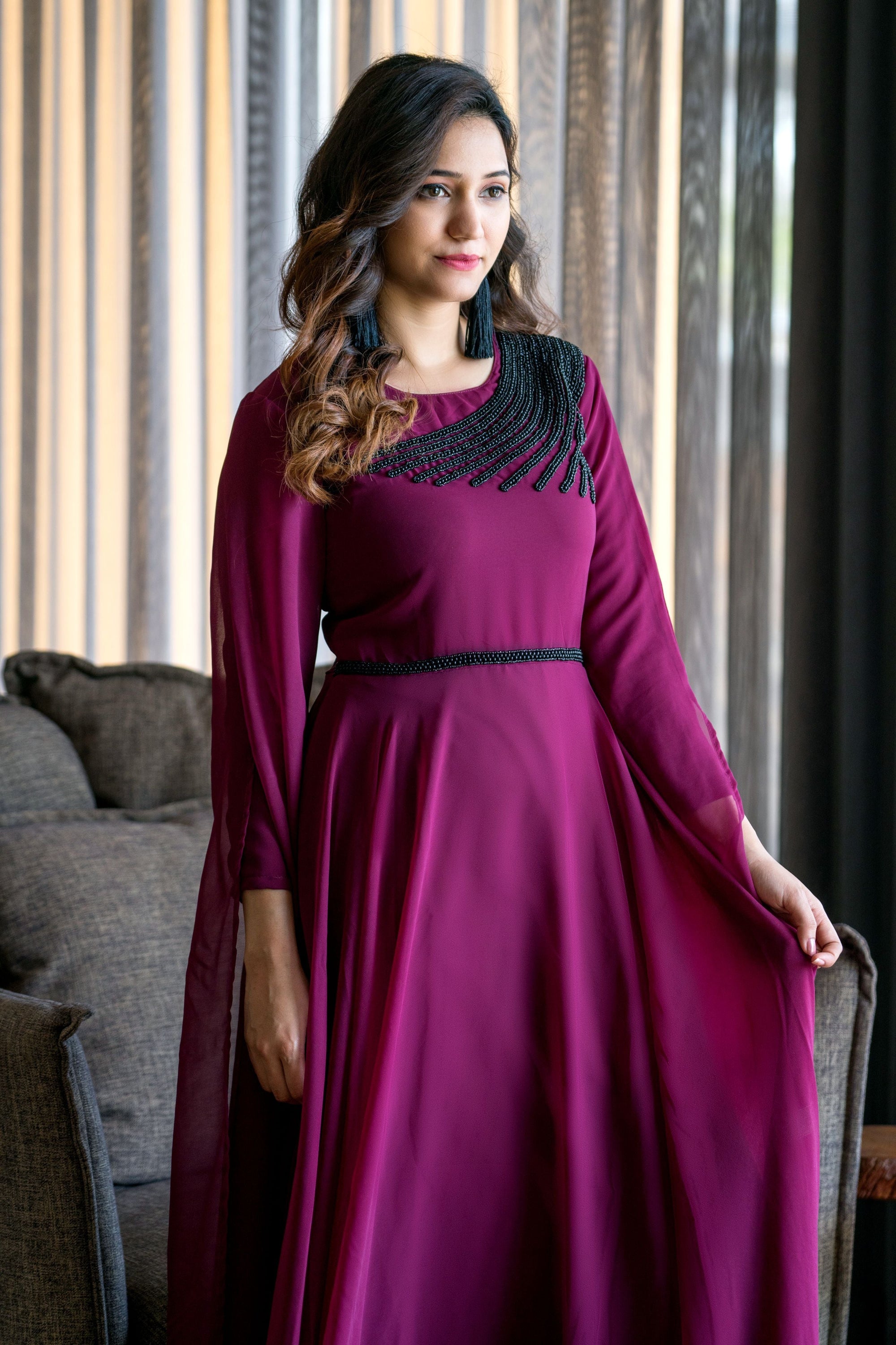 Women Wine Colored Embroidered Round Neck Fit And Flare Gown- House of Saba