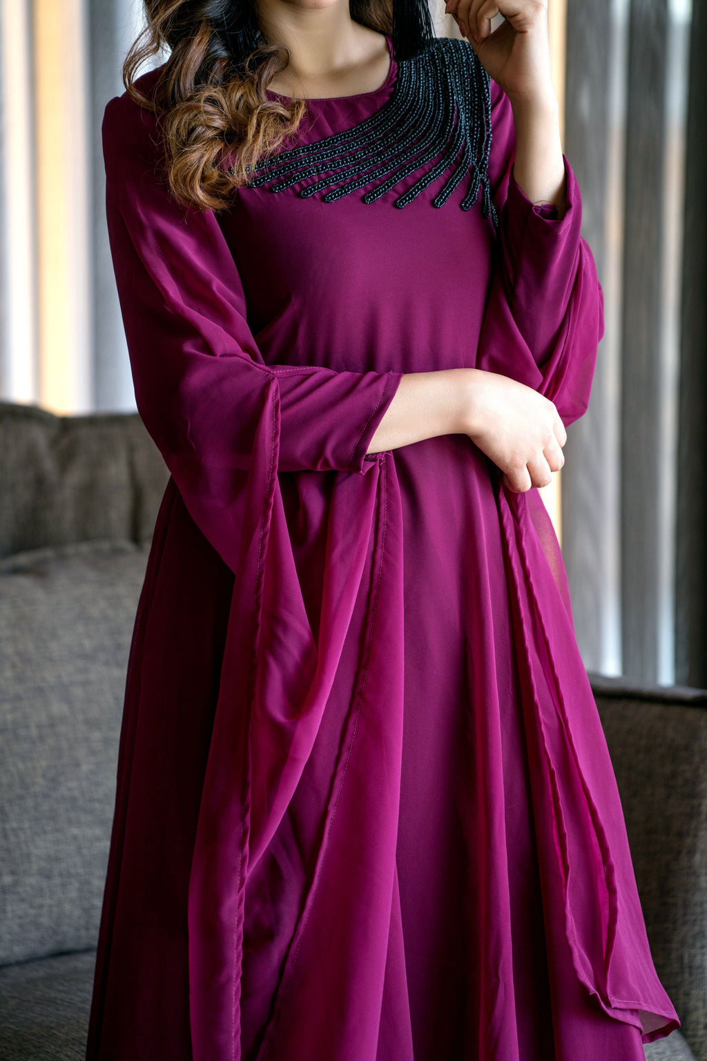 Women Wine Colored Embroidered Round Neck Fit And Flare Gown- House of Saba