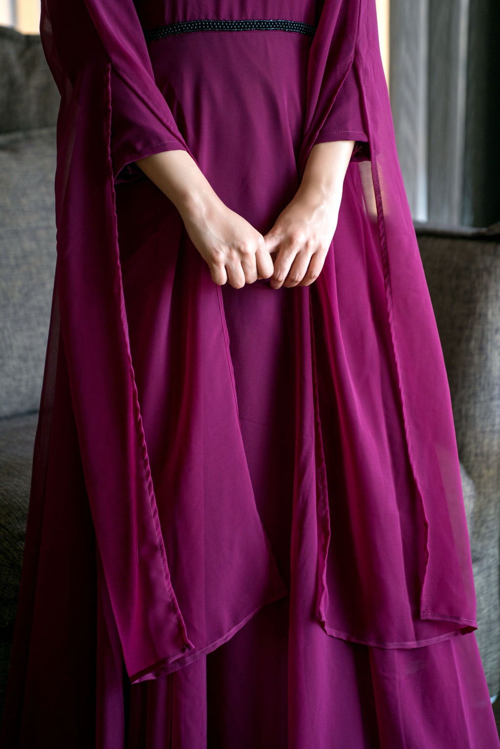 Women Wine Colored Embroidered Round Neck Fit And Flare Gown- House of Saba