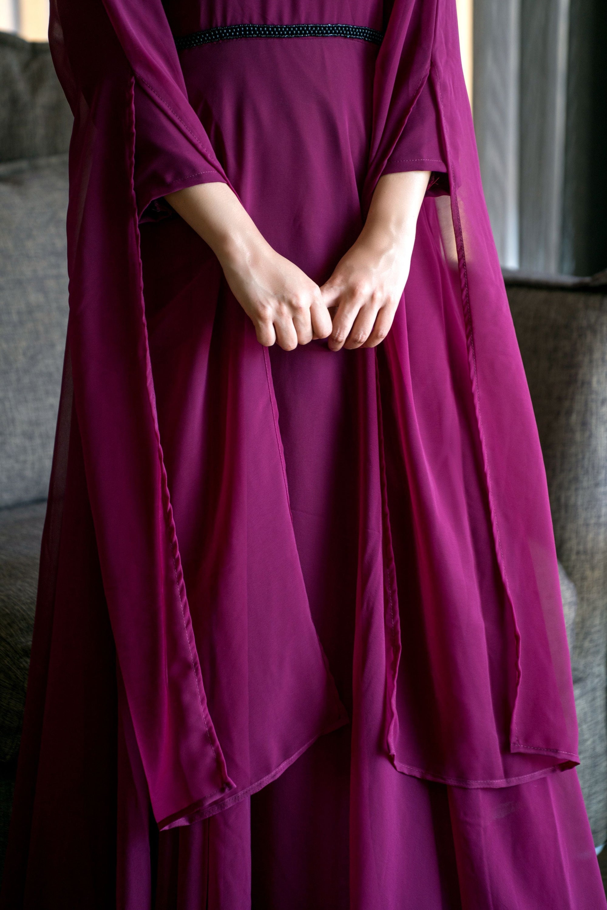 Women Wine Colored Embroidered Round Neck Fit And Flare Gown- House of Saba
