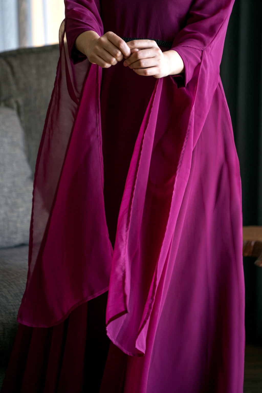 Women Wine Colored Embroidered Round Neck Fit And Flare Gown- House of Saba