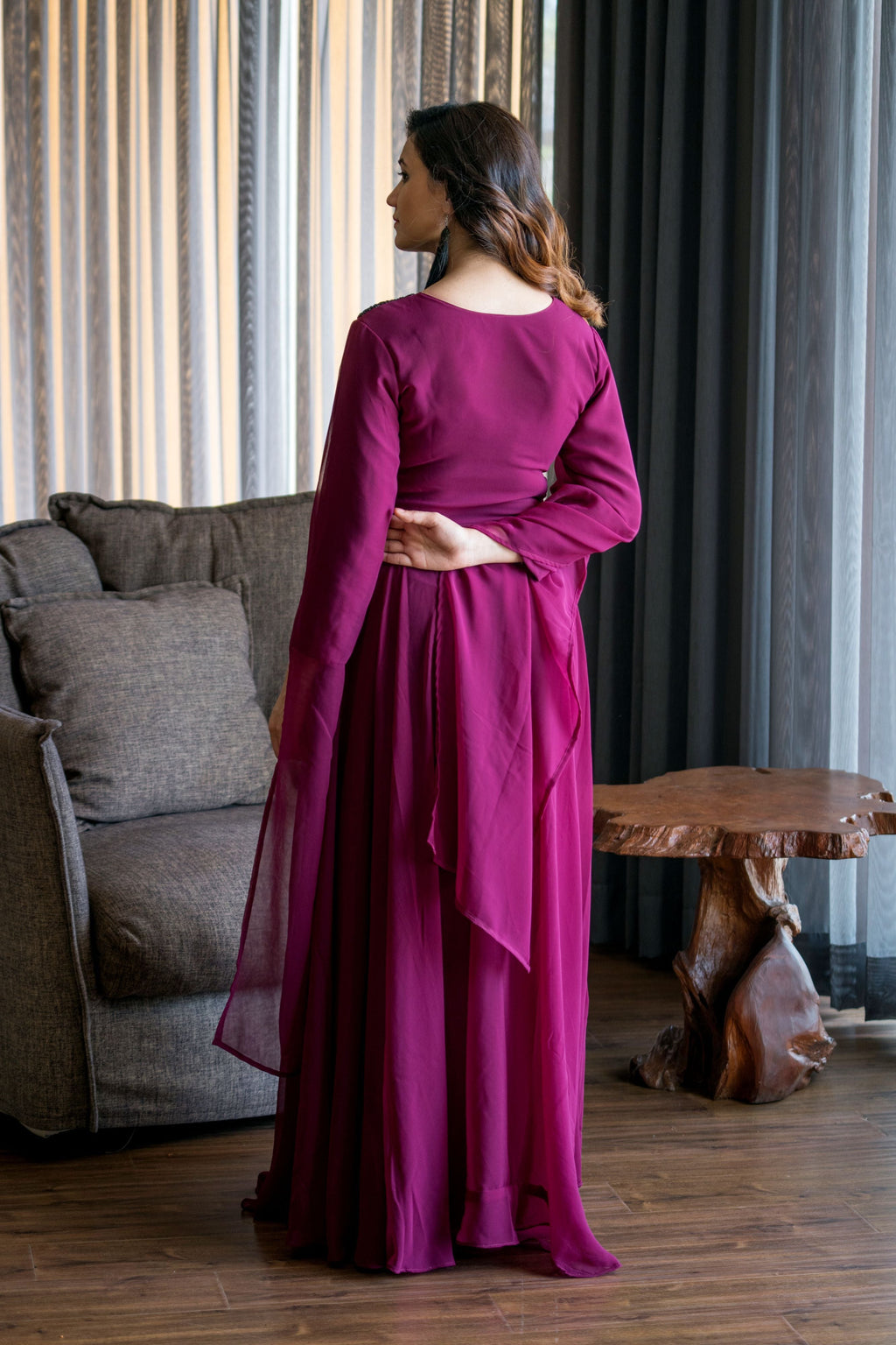 Women Wine Colored Embroidered Round Neck Fit And Flare Gown- House of Saba