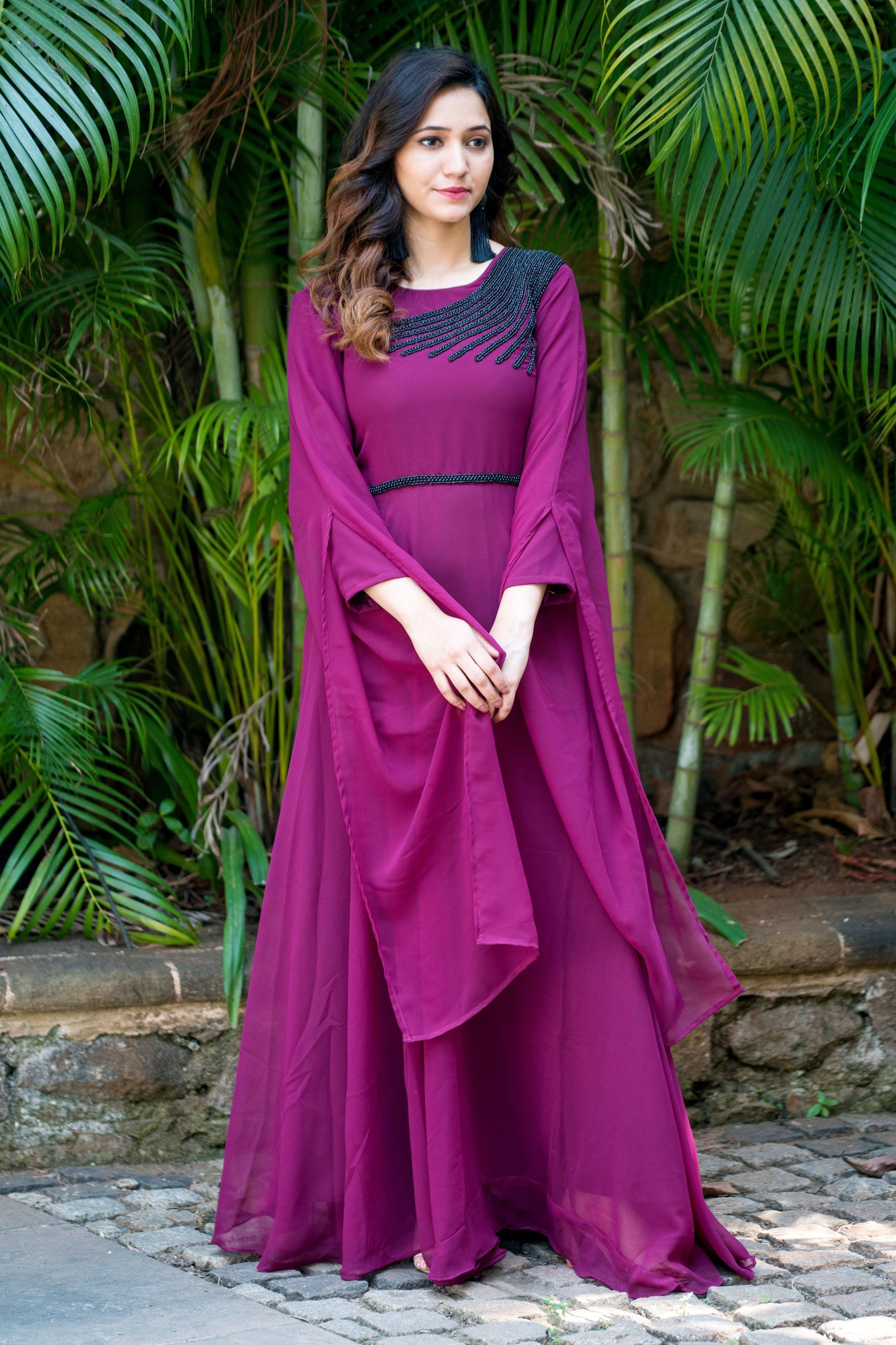 Women Wine Colored Embroidered Round Neck Fit And Flare Gown- House of Saba
