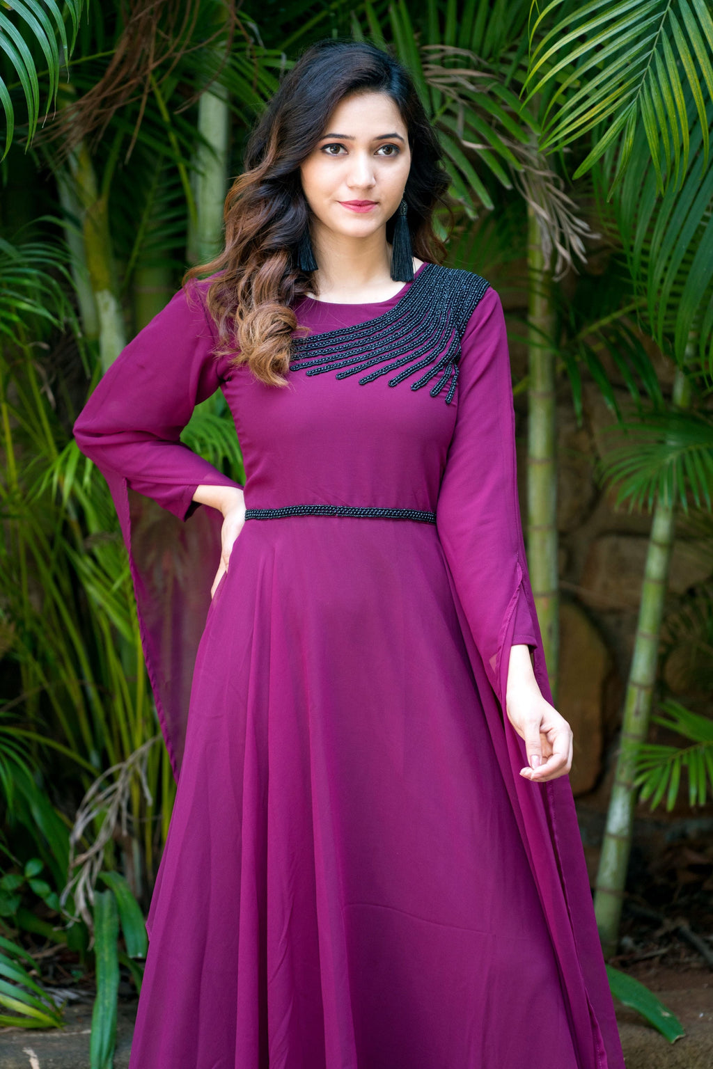 Women Wine Colored Embroidered Round Neck Fit And Flare Gown- House of Saba