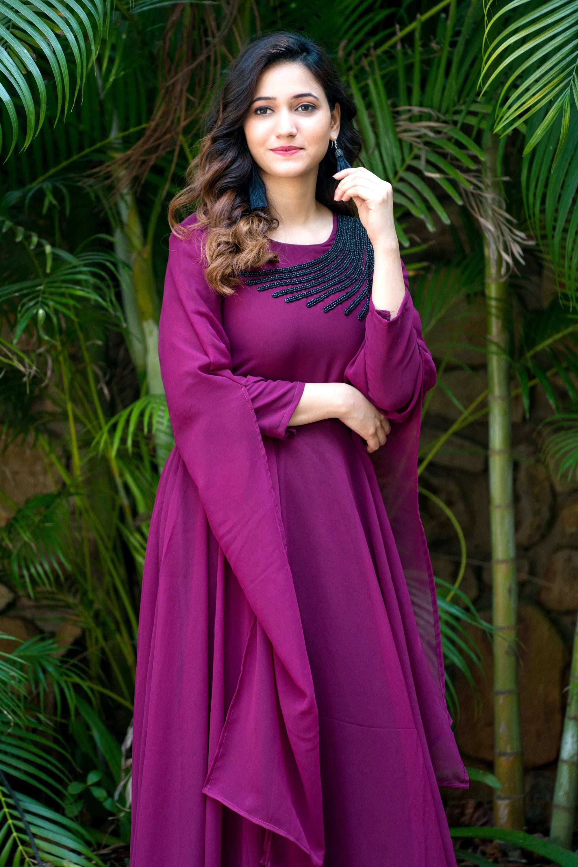 Women Wine Colored Embroidered Round Neck Fit And Flare Gown- House of Saba