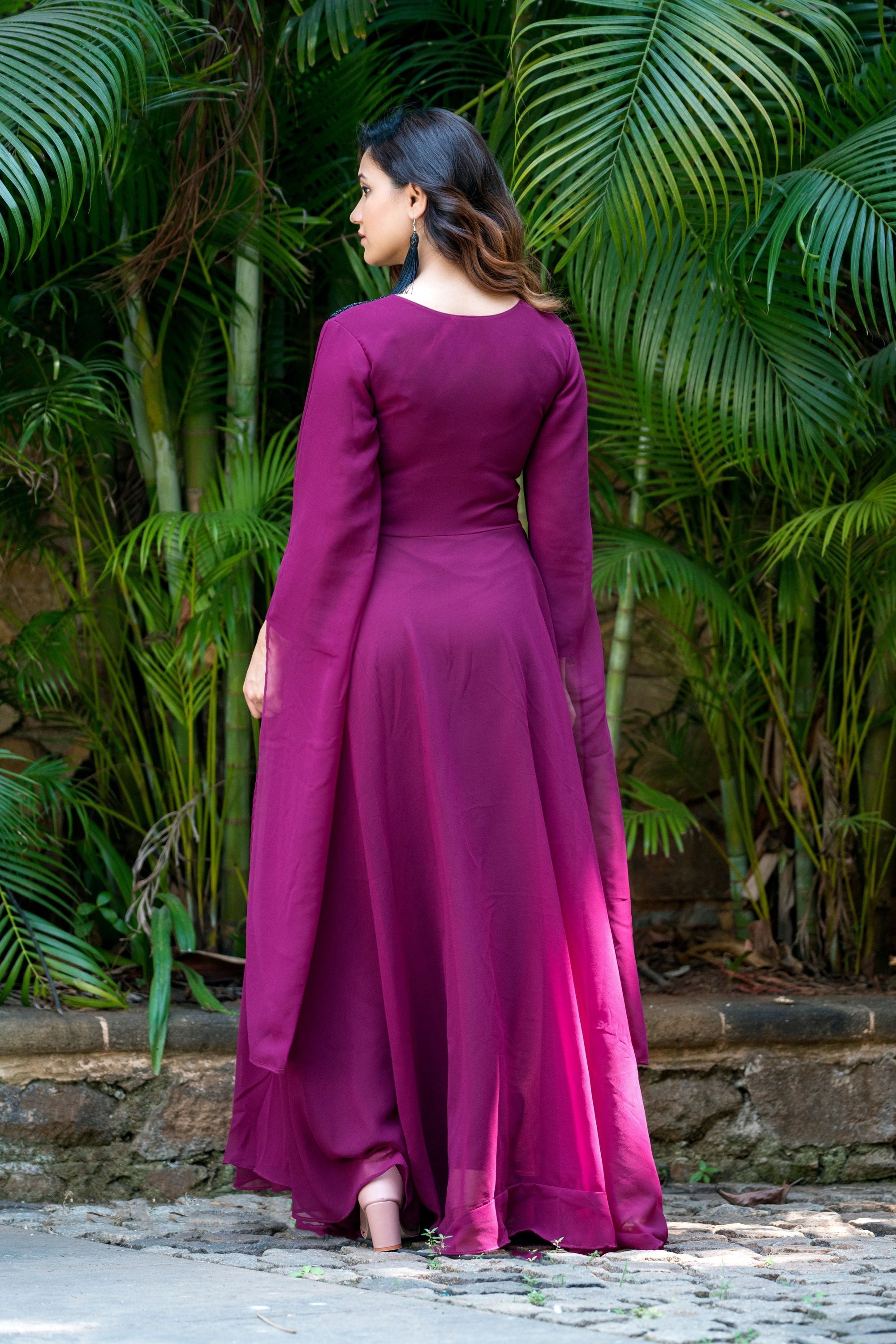 Women Wine Colored Embroidered Round Neck Fit And Flare Gown- House of Saba
