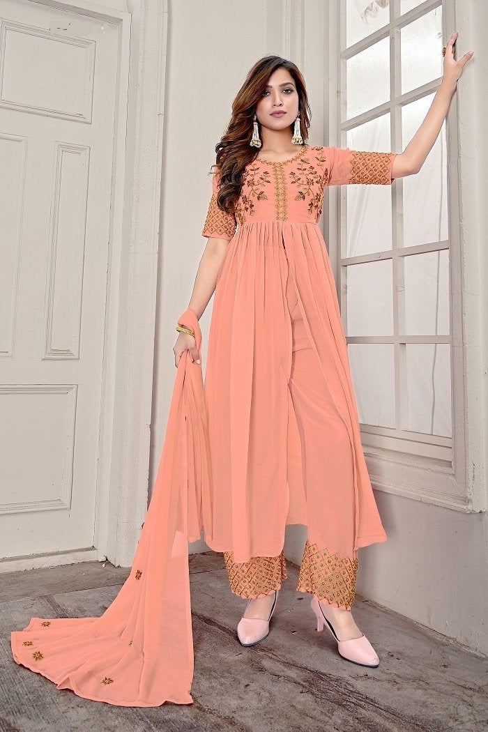 Indo Western Peach Embroidered Front Cut Anarkali Gown With Palazzo and Dupatta - House of Saba