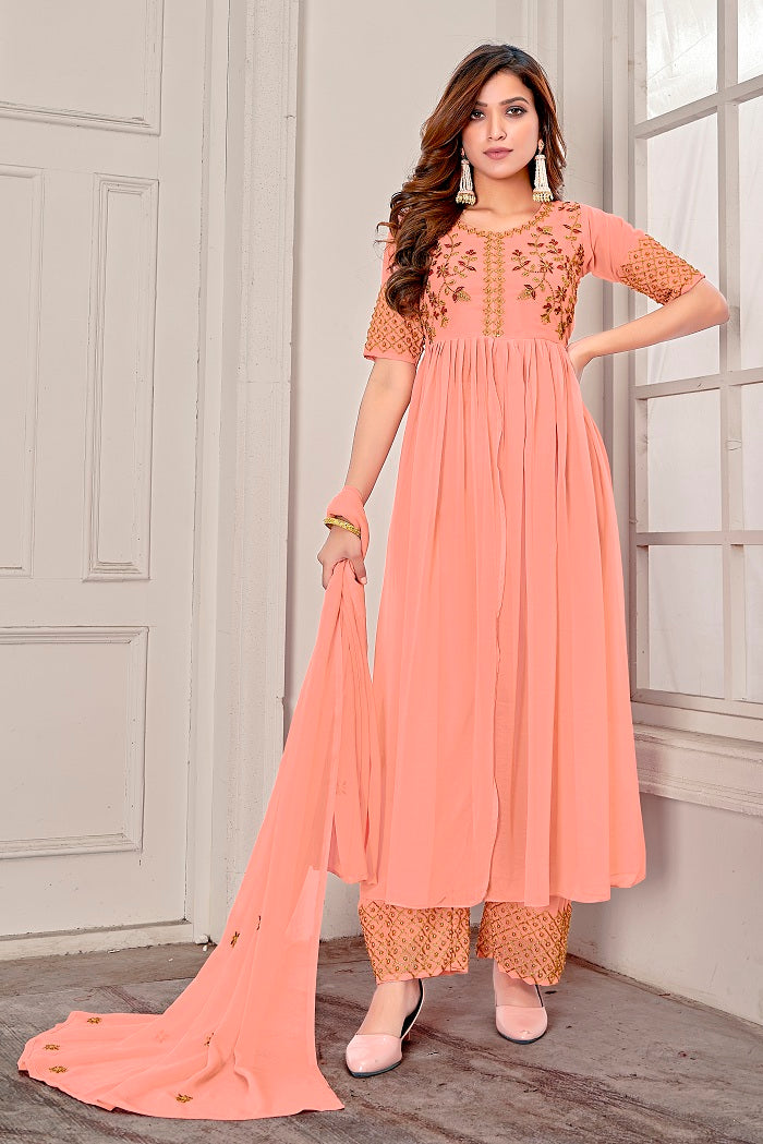 Indo Western Peach Embroidered Front Cut Anarkali Gown With Palazzo and Dupatta - House of Saba