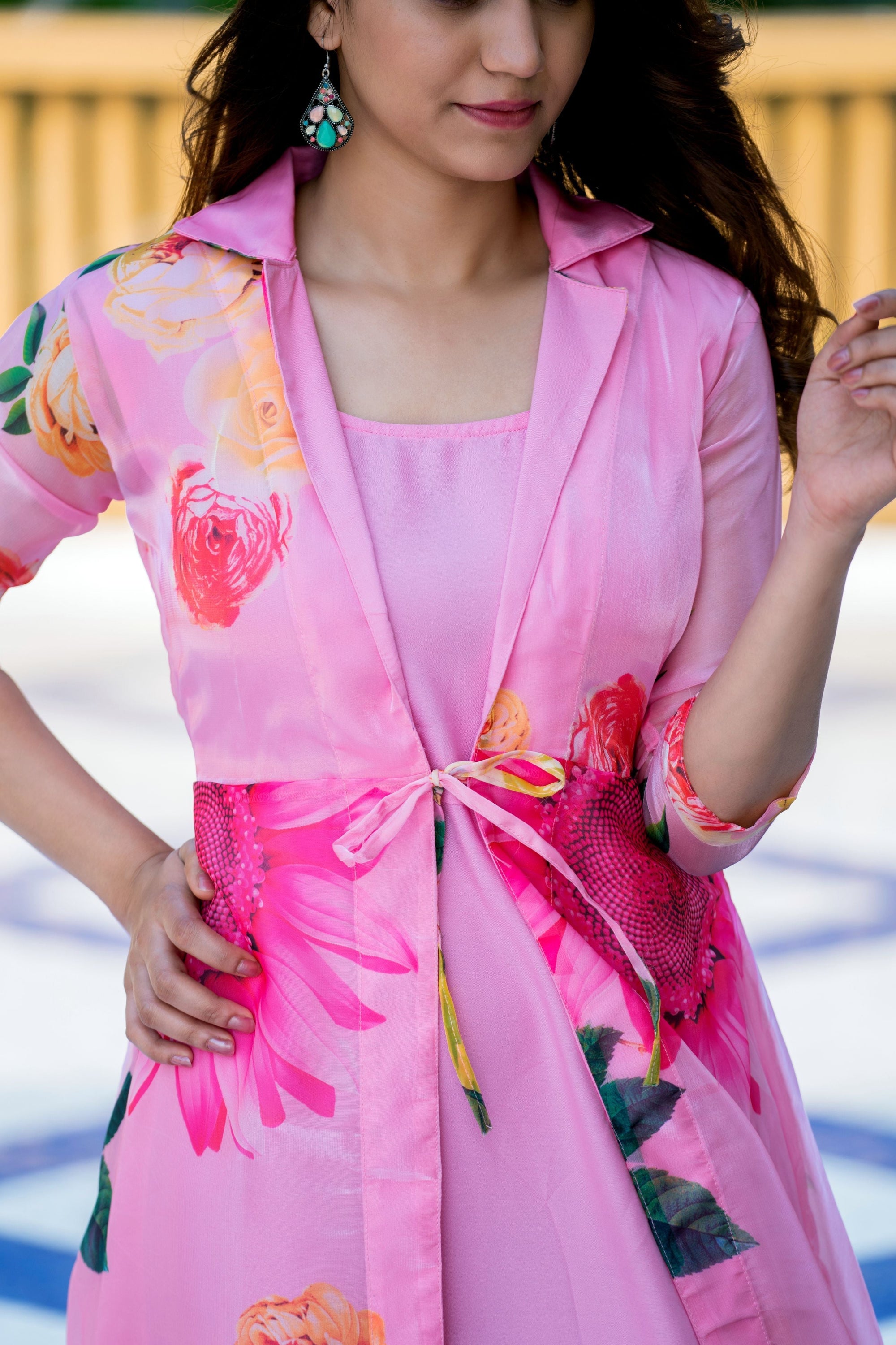 Sexy Pink Floral Party Wear Maxi Dress With Shrugs- House of Saba