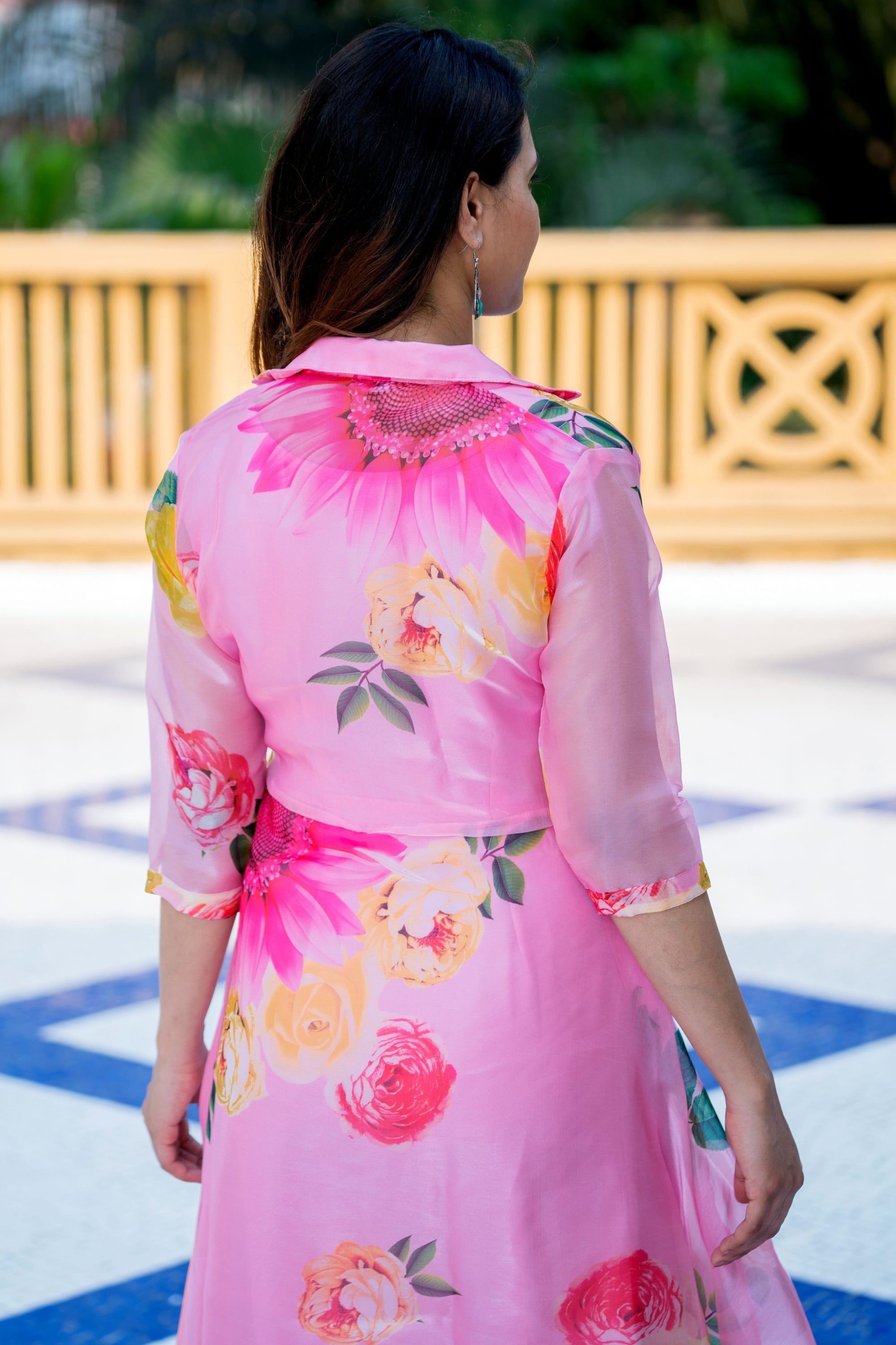 Sexy Pink Floral Party Wear Maxi Dress With Shrugs- House of Saba
