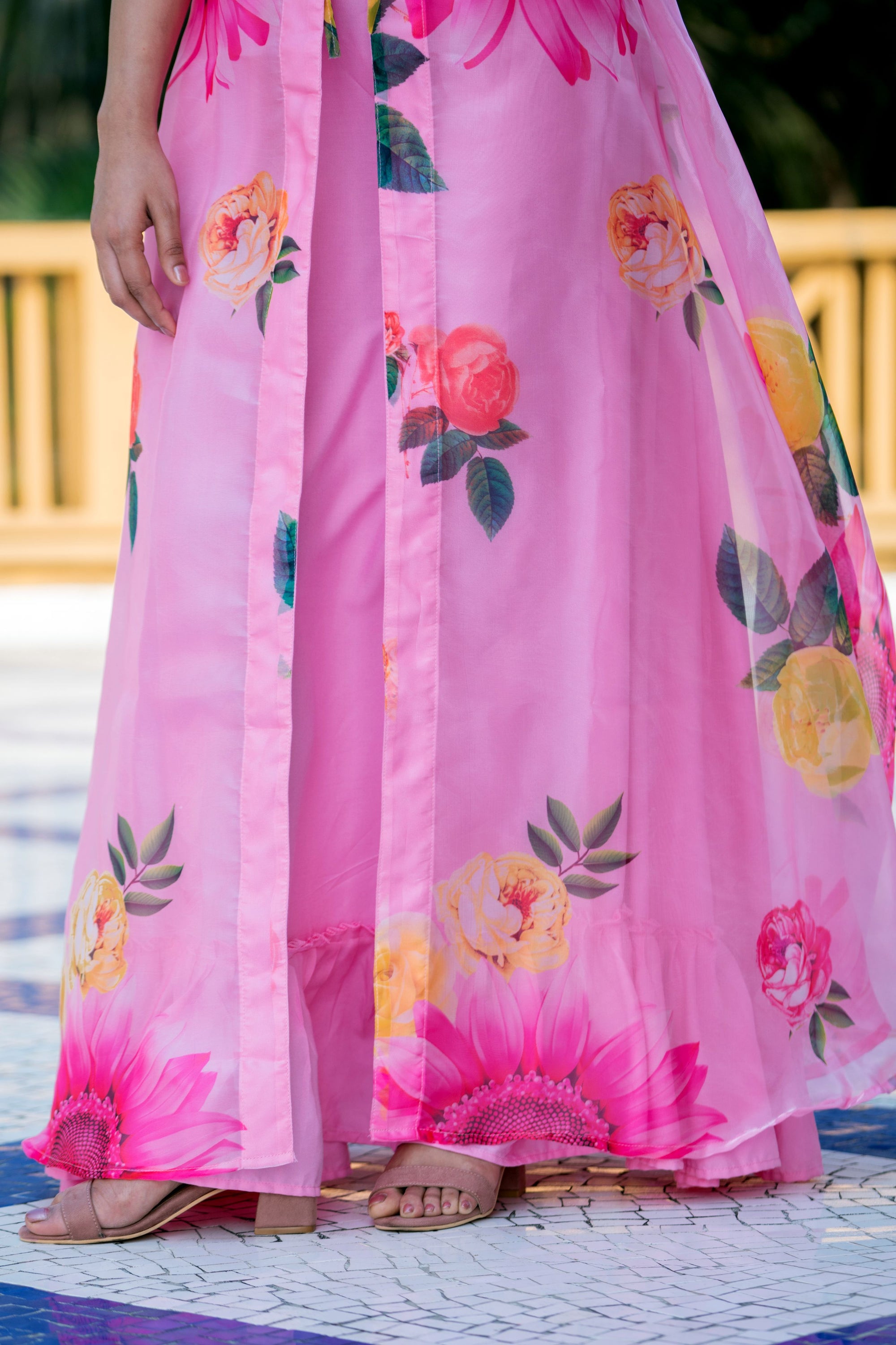 Sexy Pink Floral Party Wear Maxi Dress With Shrugs- House of Saba