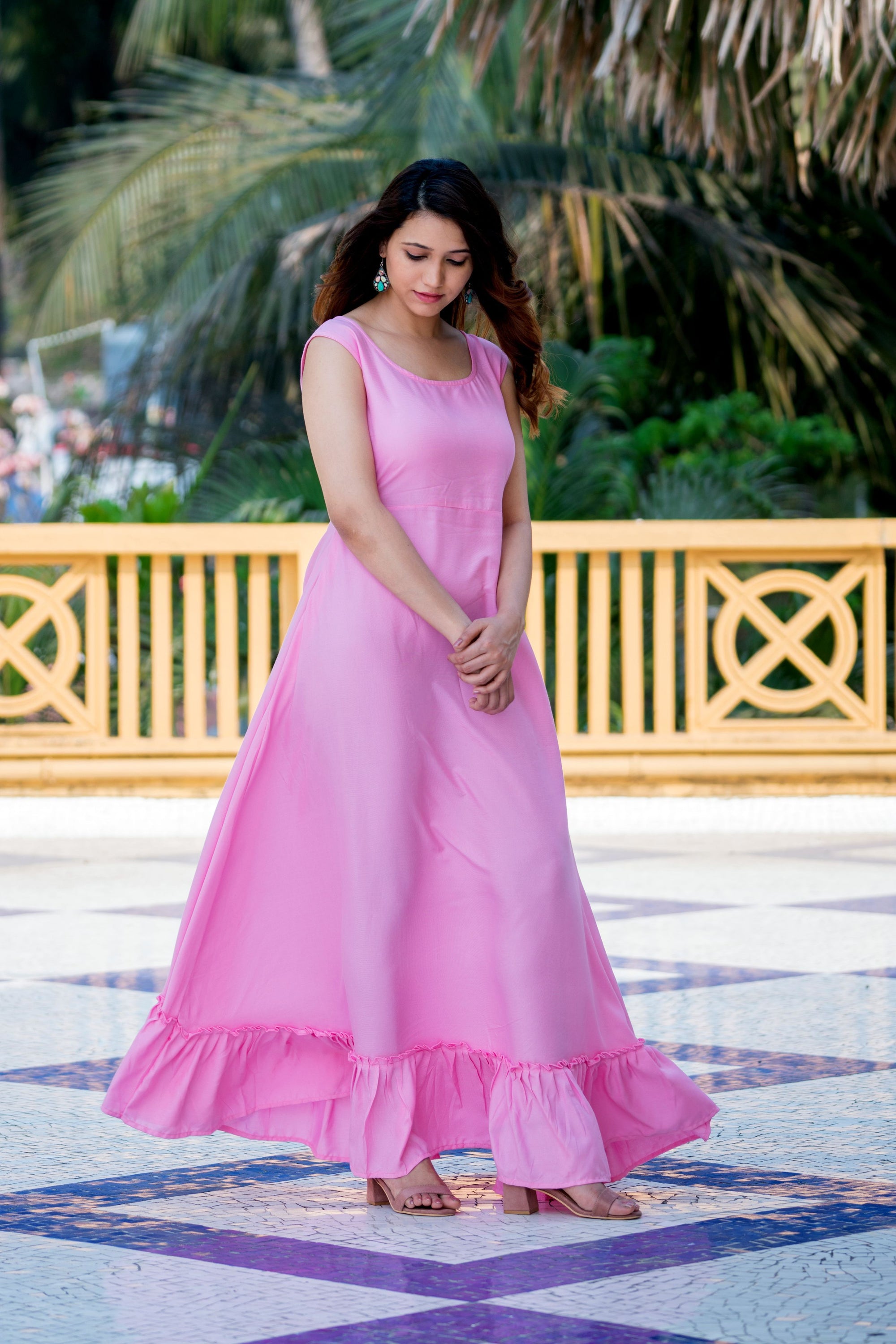Sexy Pink Floral Party Wear Maxi Dress With Shrugs- House of Saba S