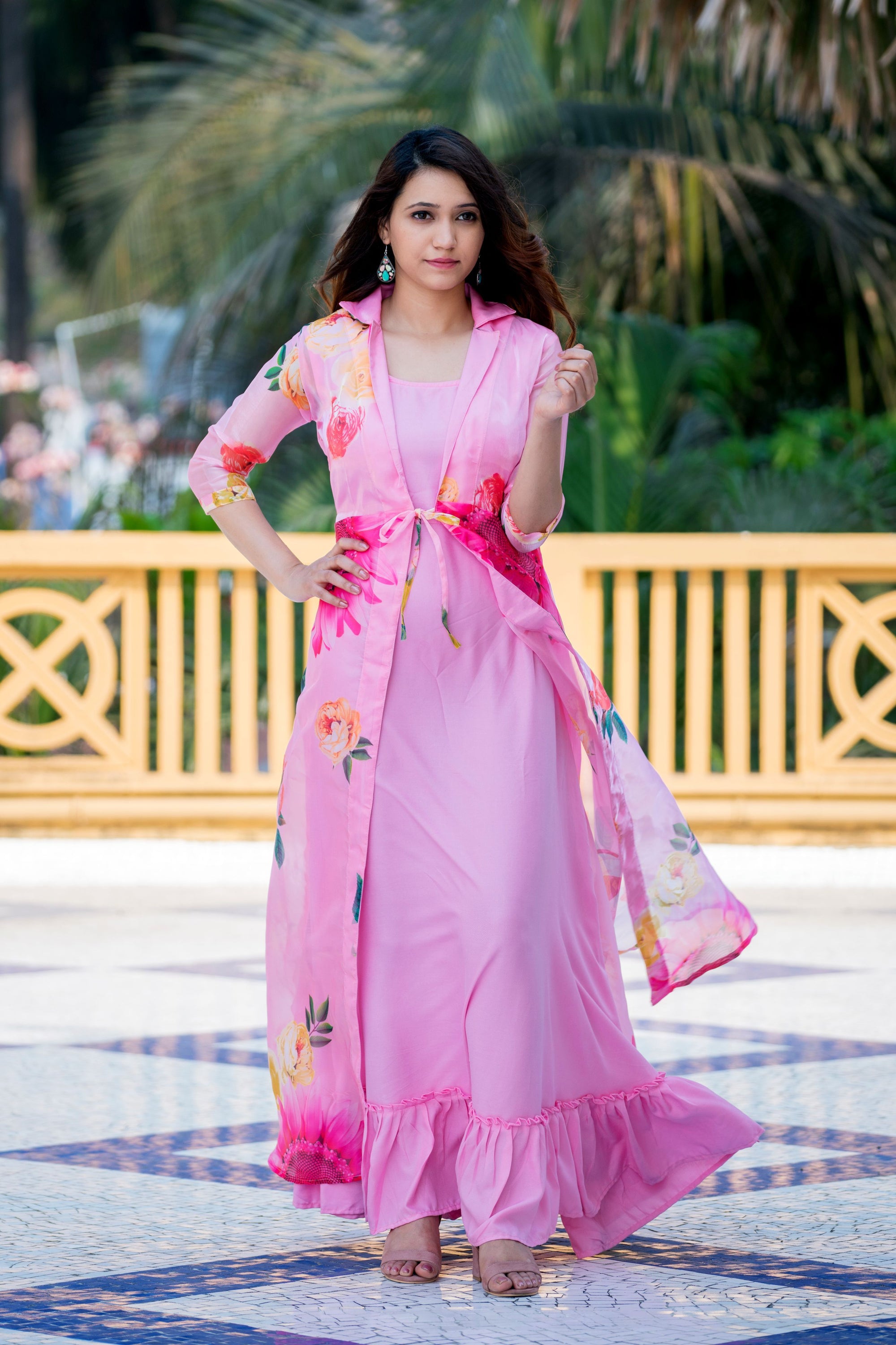 Sexy Pink Floral Party Wear Maxi Dress With Shrugs- House of Saba