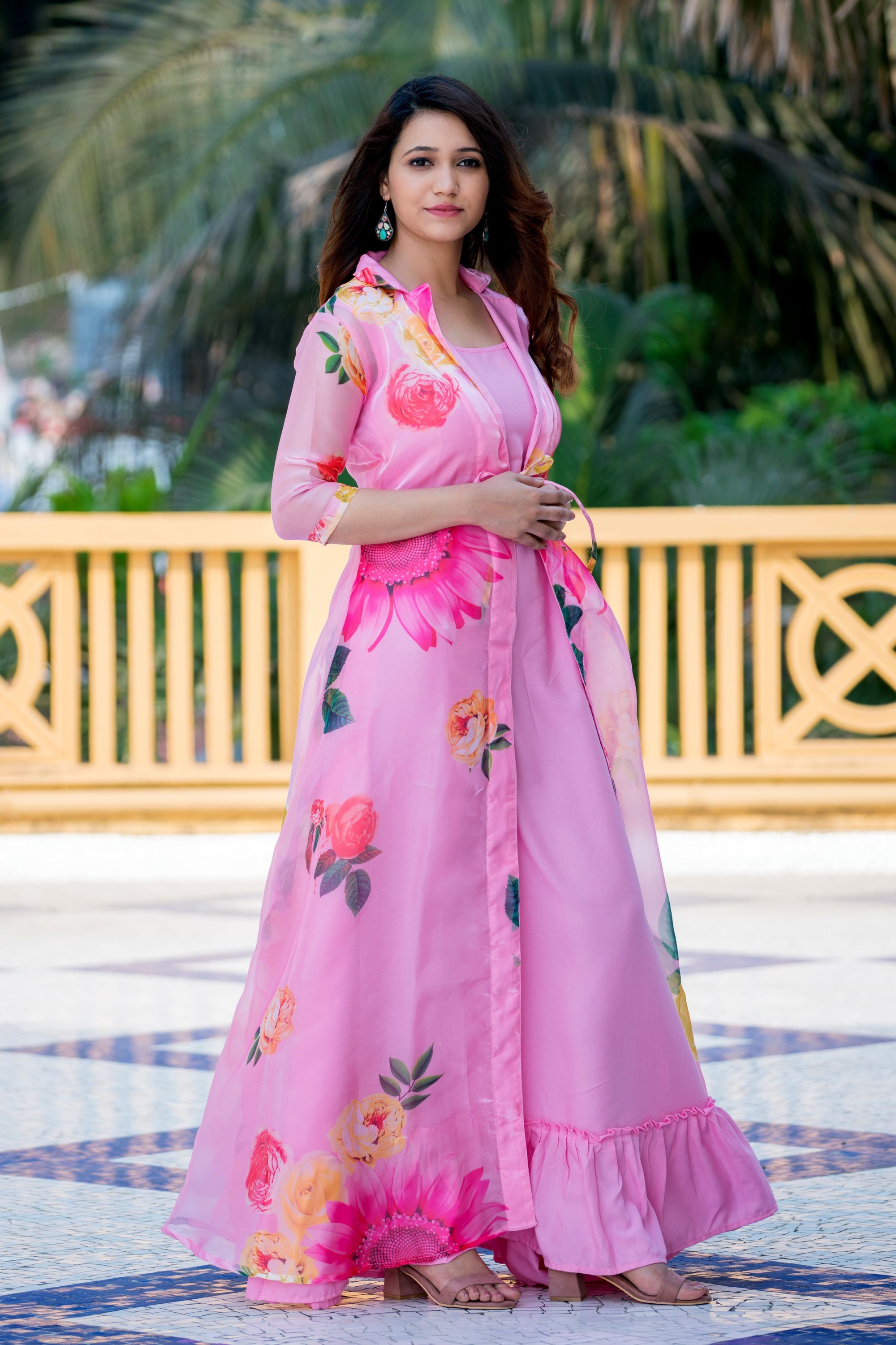 Sexy Pink Floral Party Wear Maxi Dress With Shrugs- House of Saba
