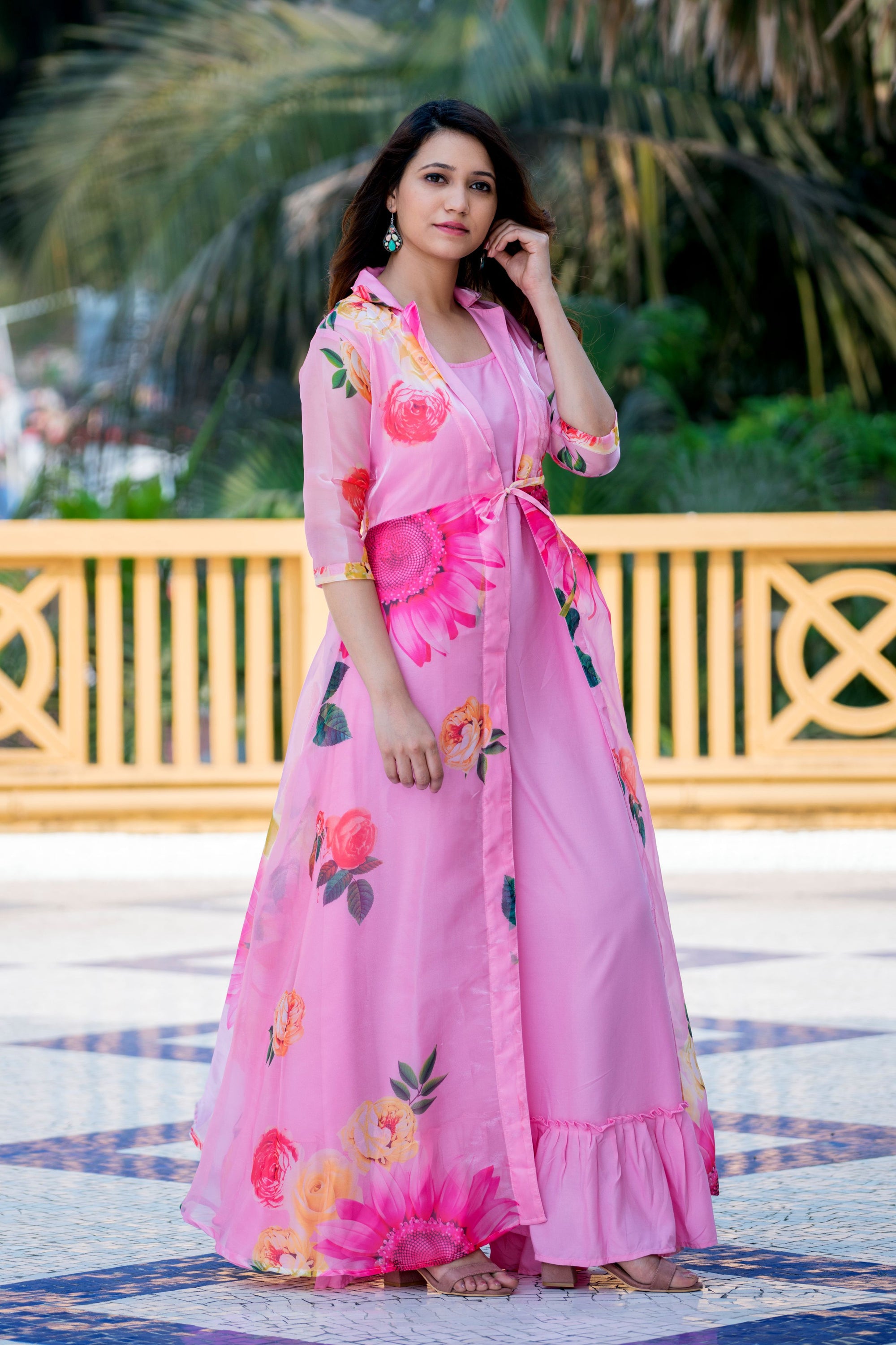 Sexy Pink Floral Party Wear Maxi Dress With Shrugs- House of Saba