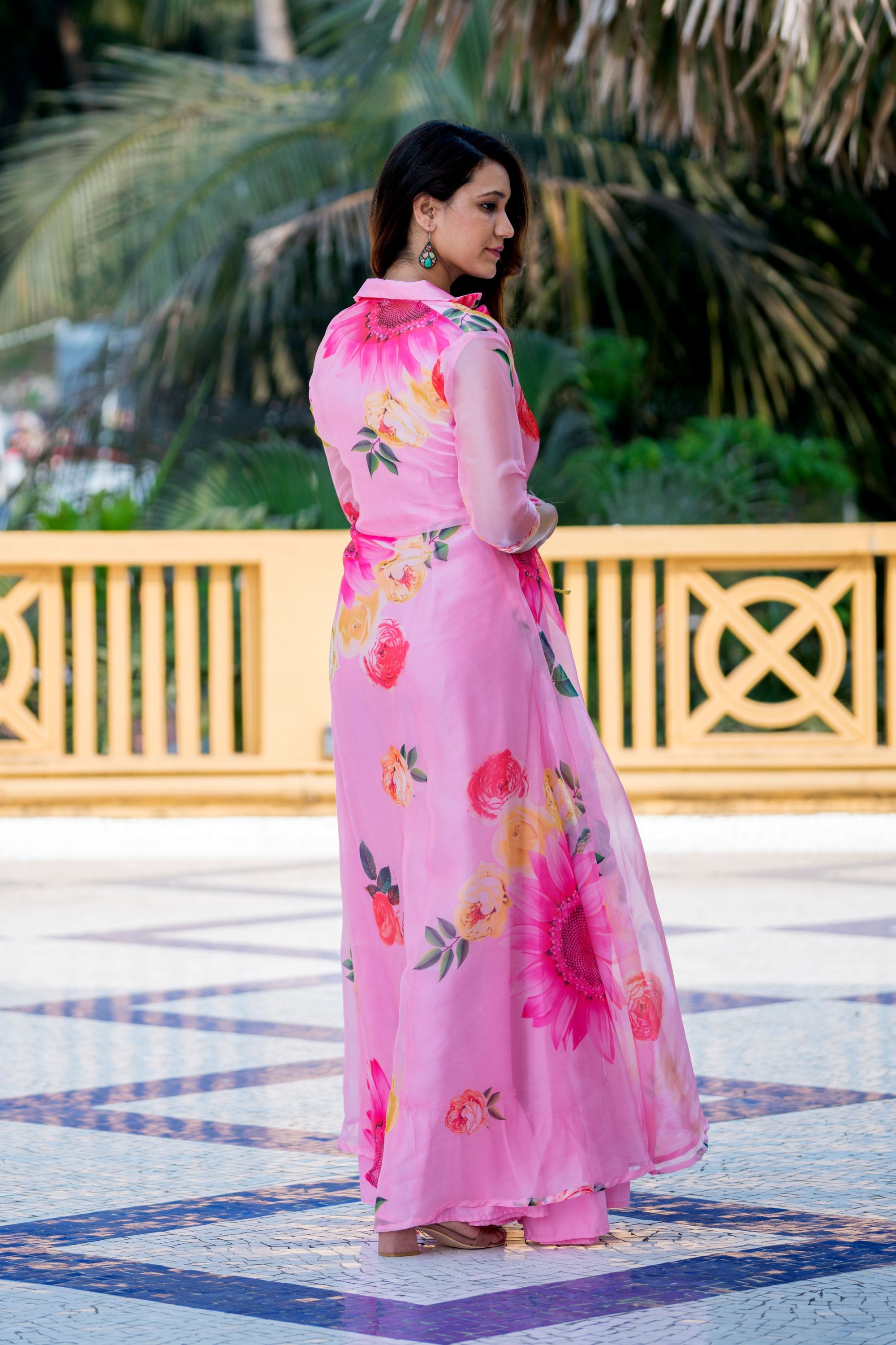 Sexy Pink Floral Party Wear Maxi Dress With Shrugs- House of Saba