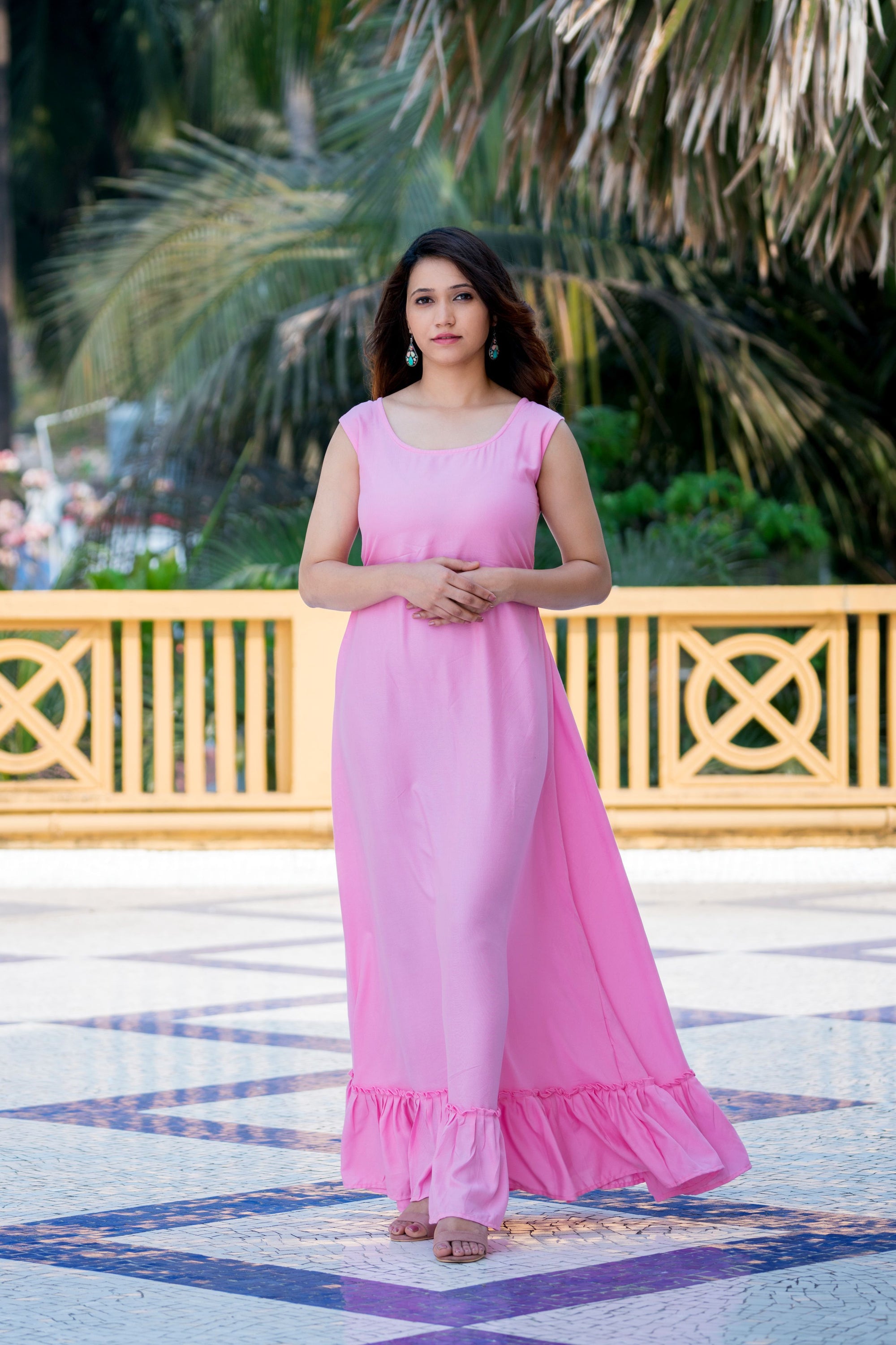 Sexy Pink Floral Party Wear Maxi Dress With Shrugs- House of Saba