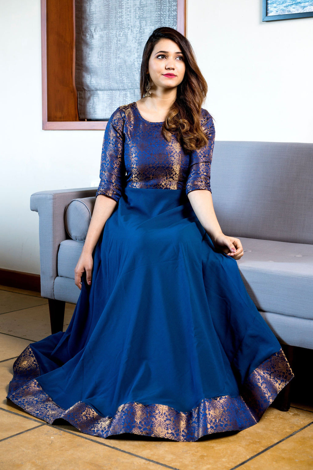 Turquoise Blue Woven Designer Wear Floor Length Gown- House of Saba