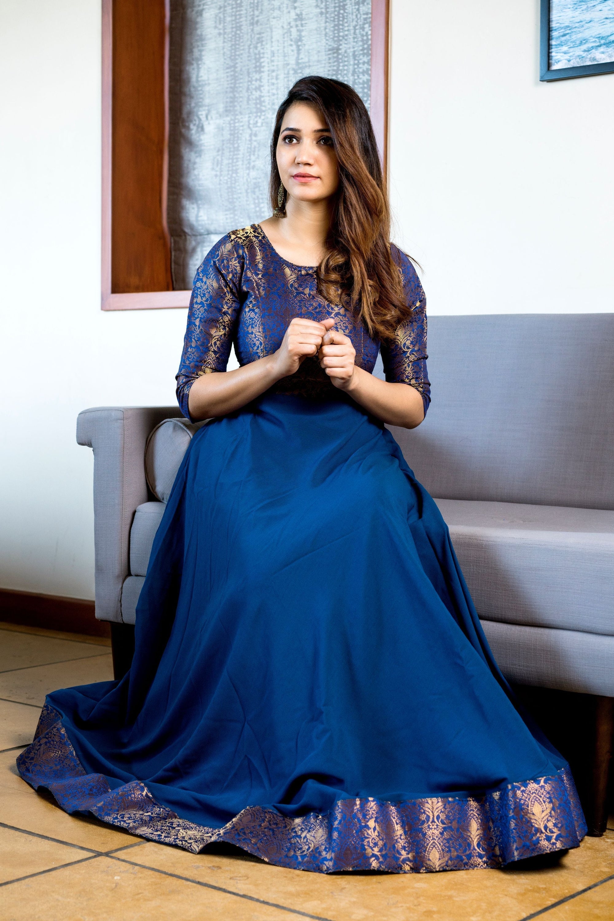 Turquoise Blue Woven Designer Wear Floor Length Gown- House of Saba