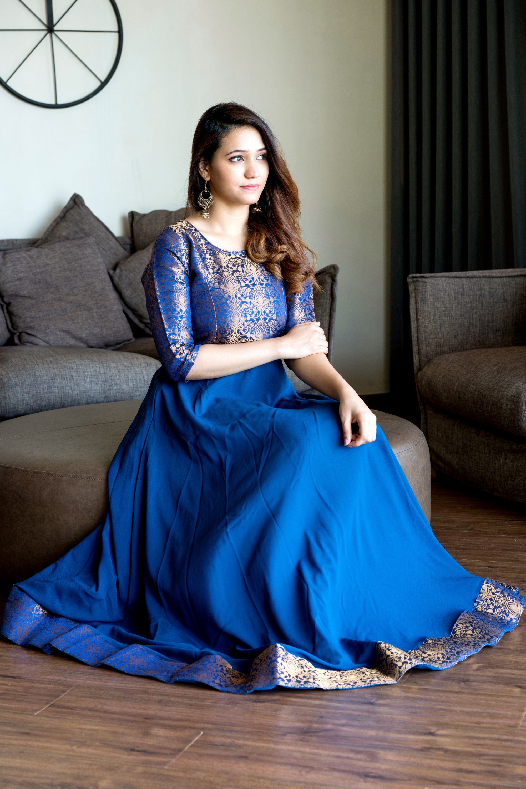 Turquoise Blue Woven Designer Wear Floor Length Gown- House of Saba