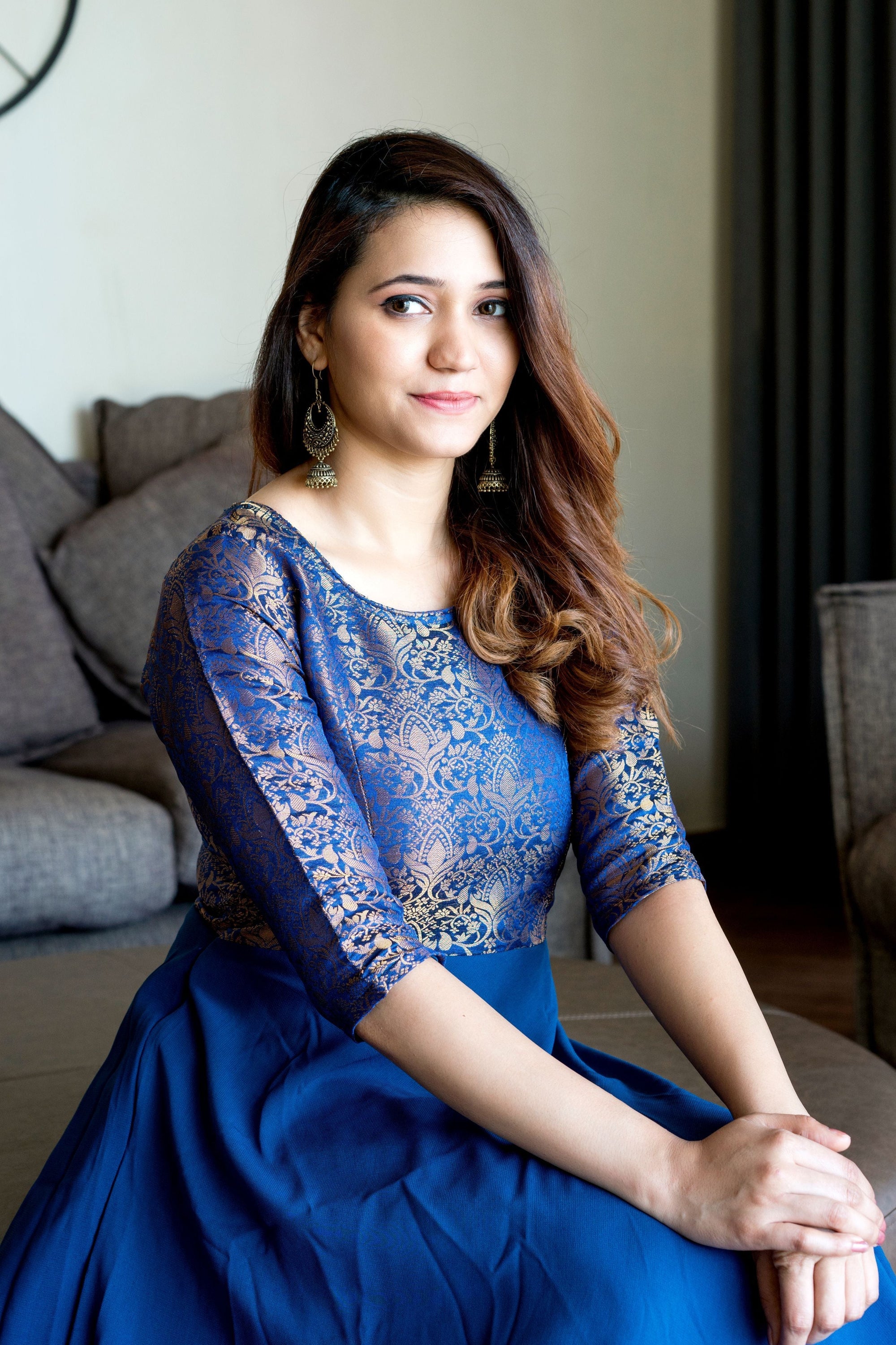 Turquoise Blue Woven Designer Wear Floor Length Gown- House of Saba