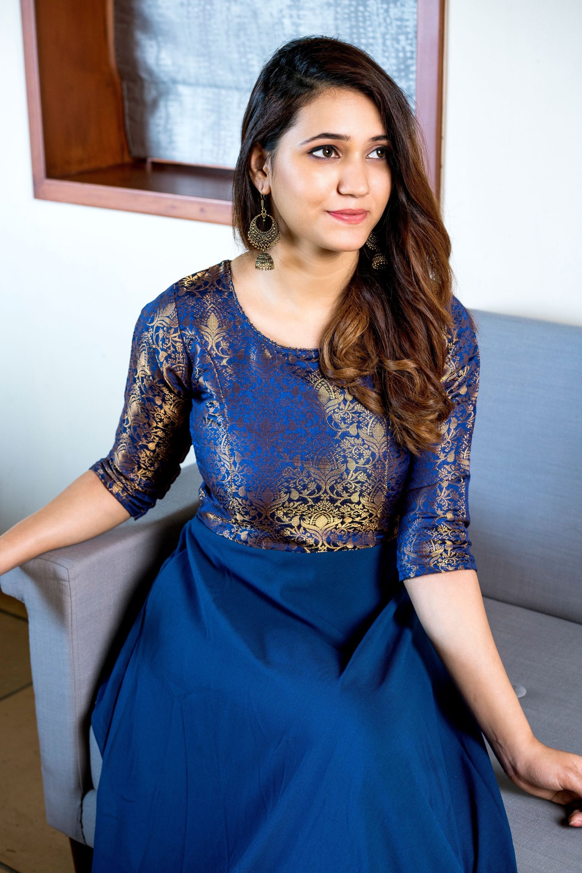 Turquoise Blue Woven Designer Wear Floor Length Gown- House of Saba
