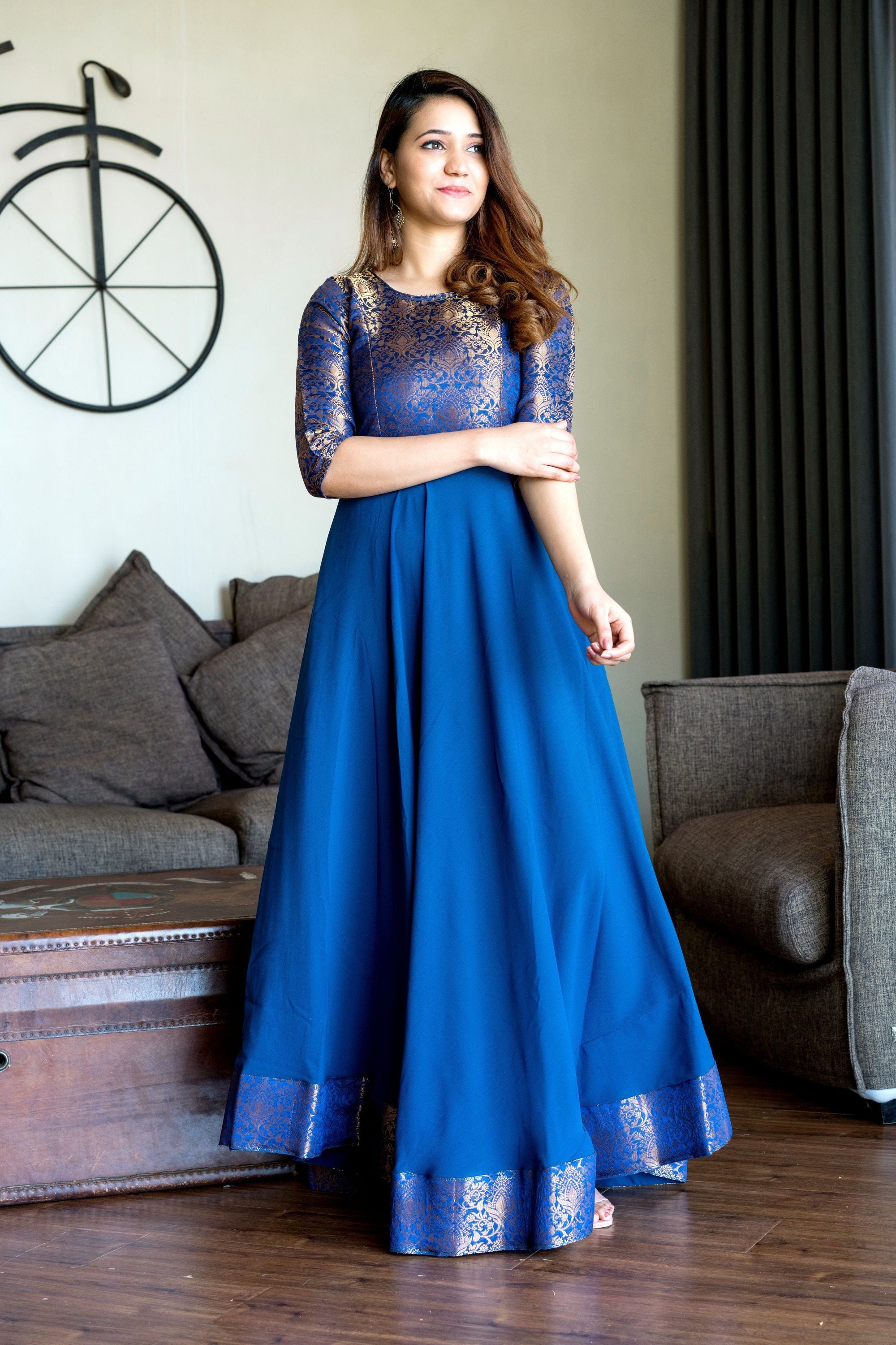 Turquoise Blue Woven Designer Wear Floor Length Gown- House of Saba