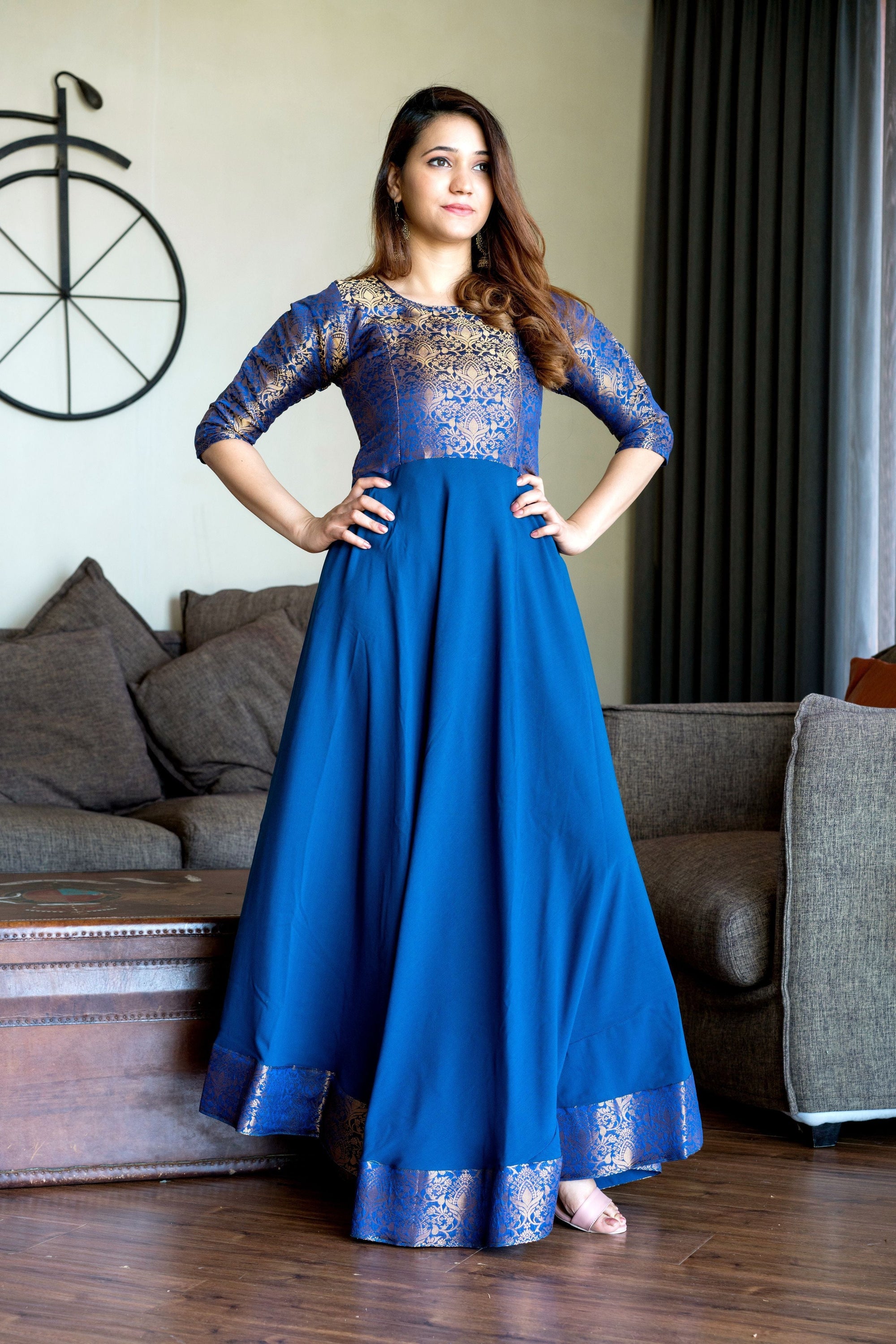 Turquoise Blue Woven Designer Wear Floor Length Gown- House of Saba