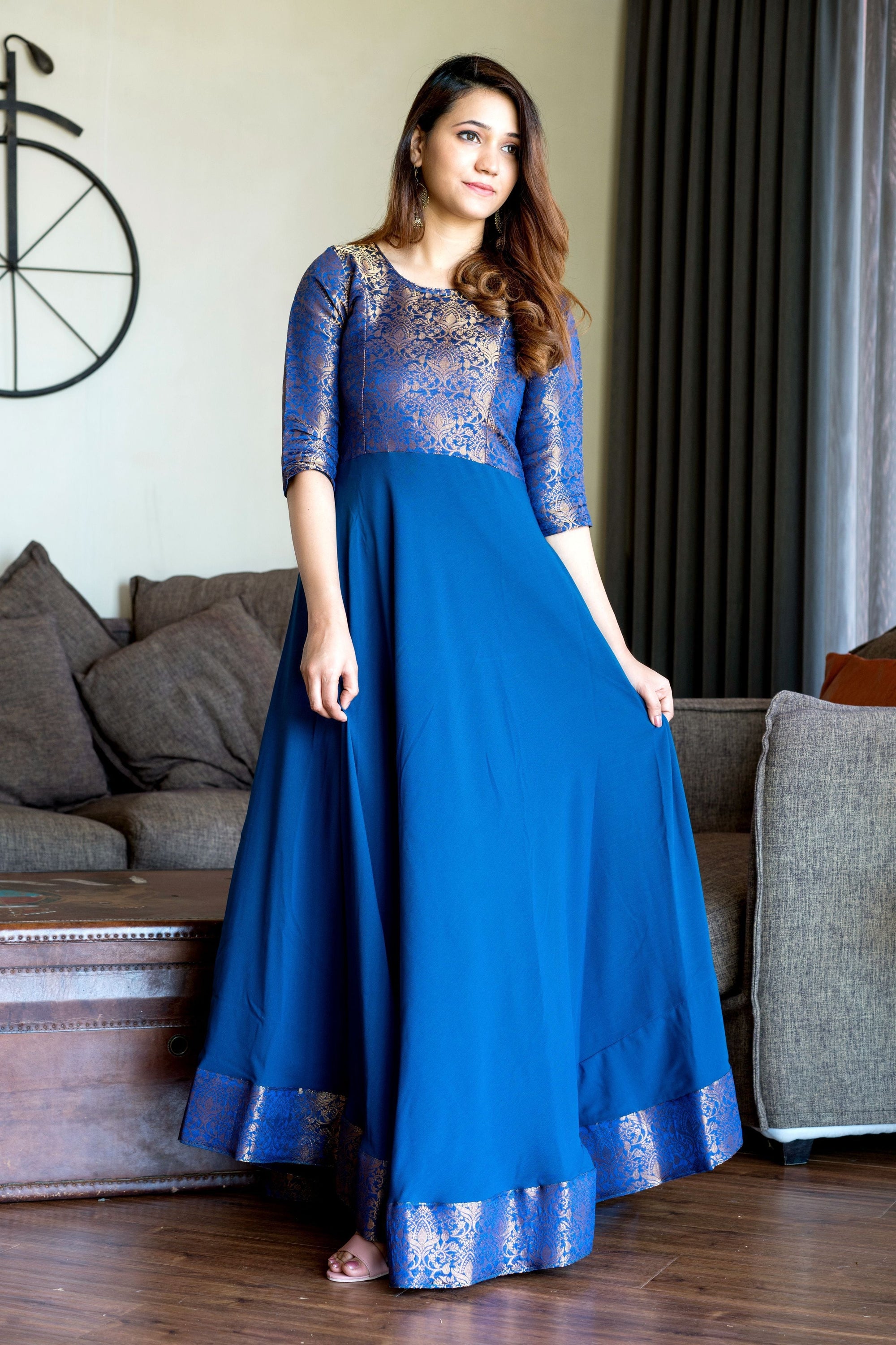 Turquoise Blue Woven Designer Wear Floor Length Gown- House of Saba