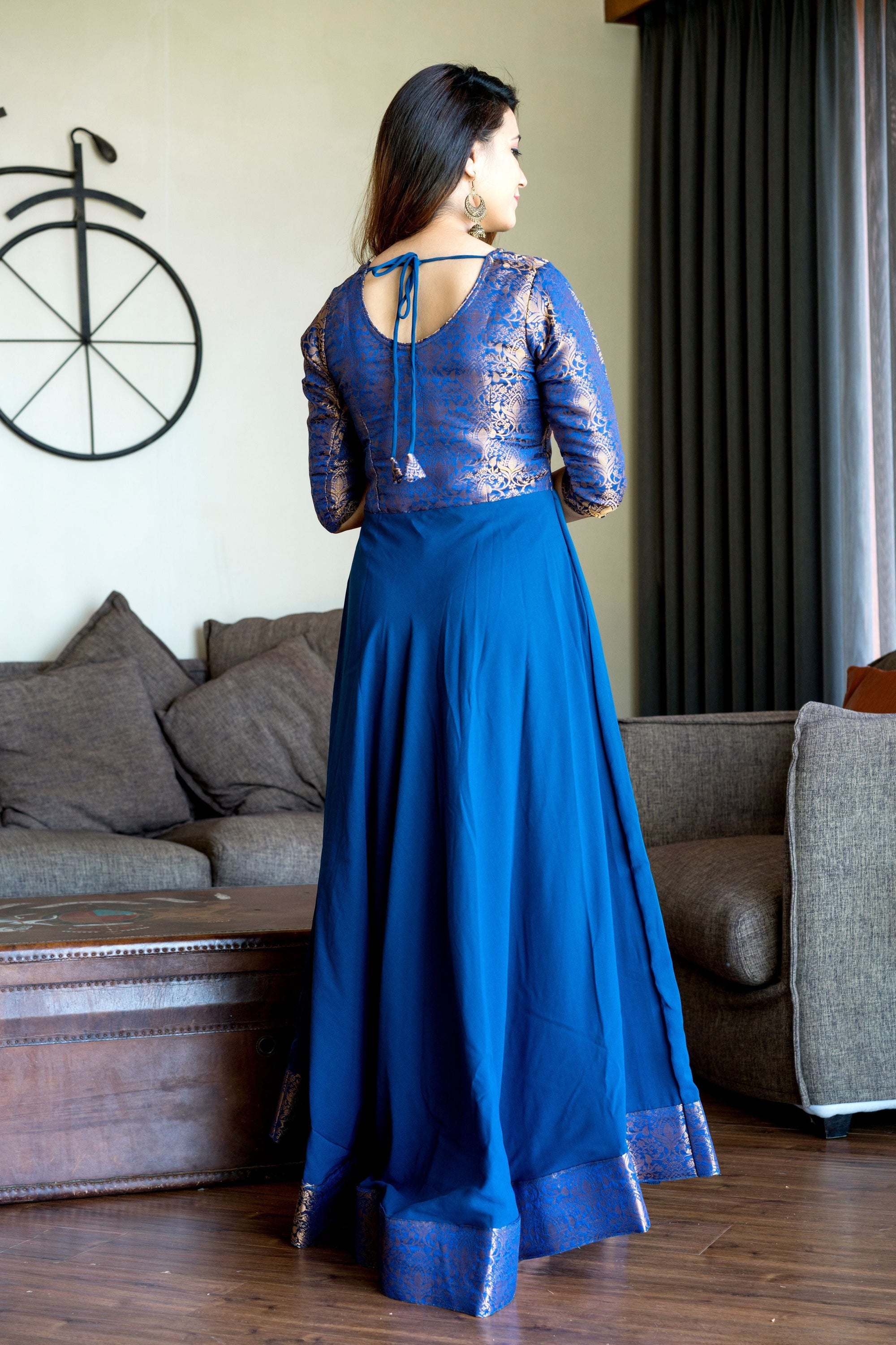 Turquoise Blue Woven Designer Wear Floor Length Gown- House of Saba