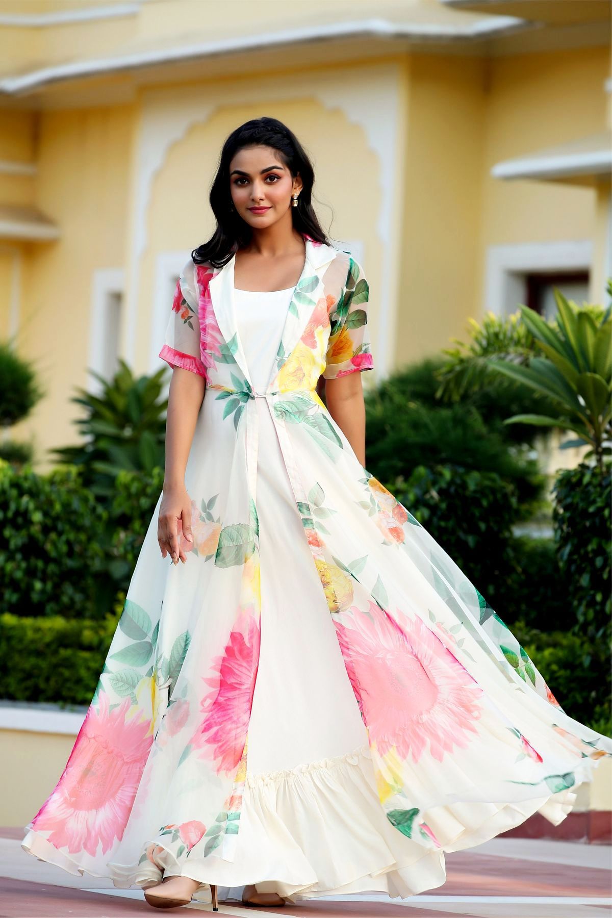 White Floral Party Wear Maxi Dress With Shrugs- House of Saba
