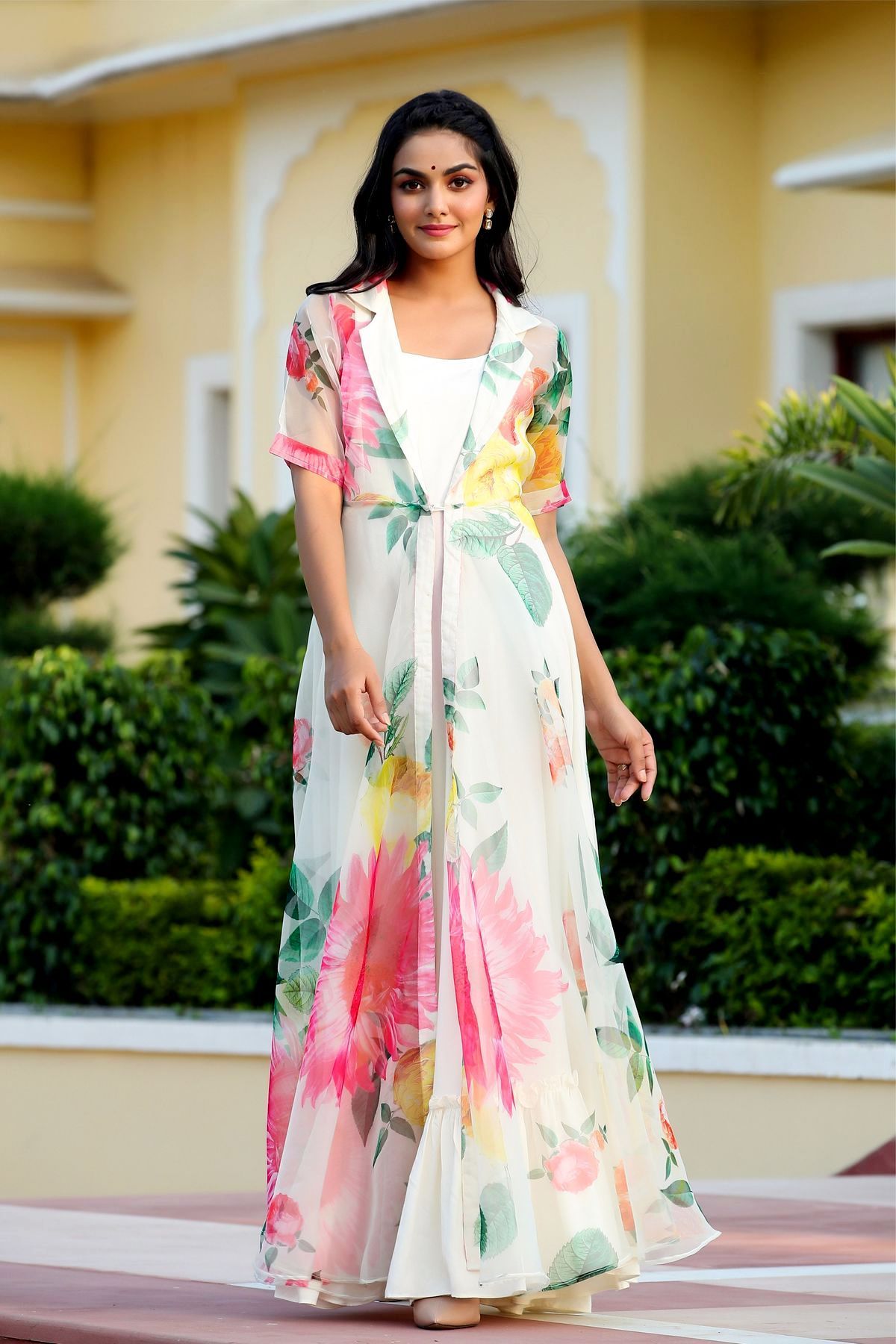 White Floral Party Wear Maxi Dress With Shrugs- House of Saba
