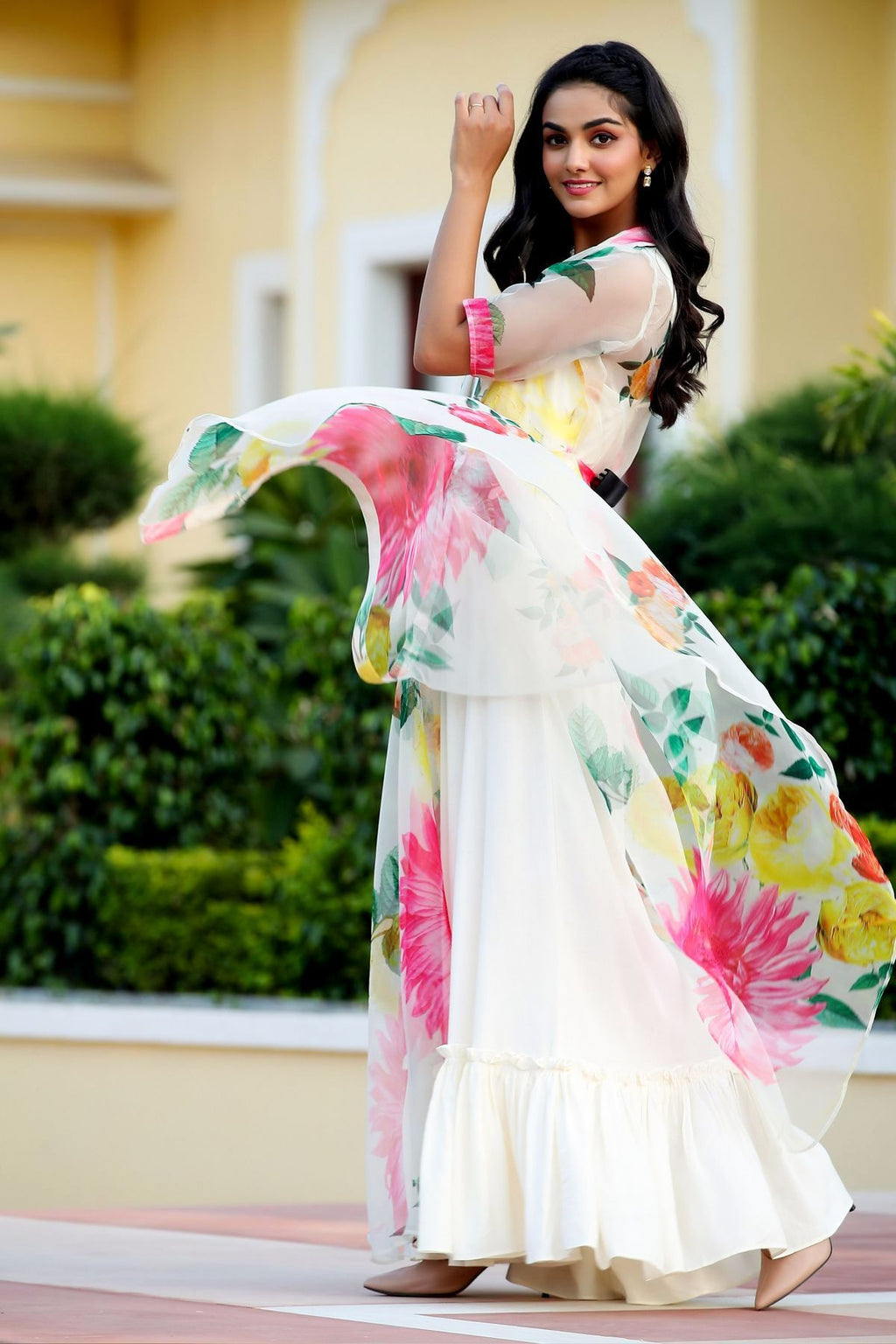 White Floral Party Wear Maxi Dress With Shrugs- House of Saba