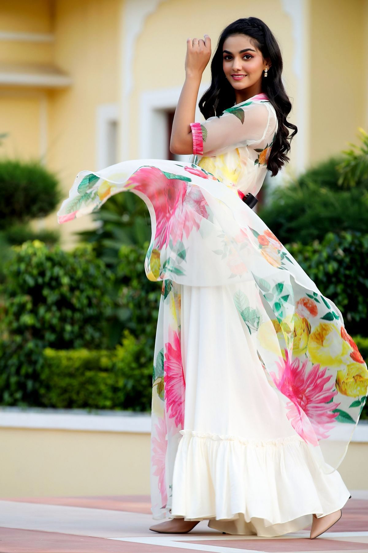 White Floral Party Wear Maxi Dress With Shrugs- House of Saba