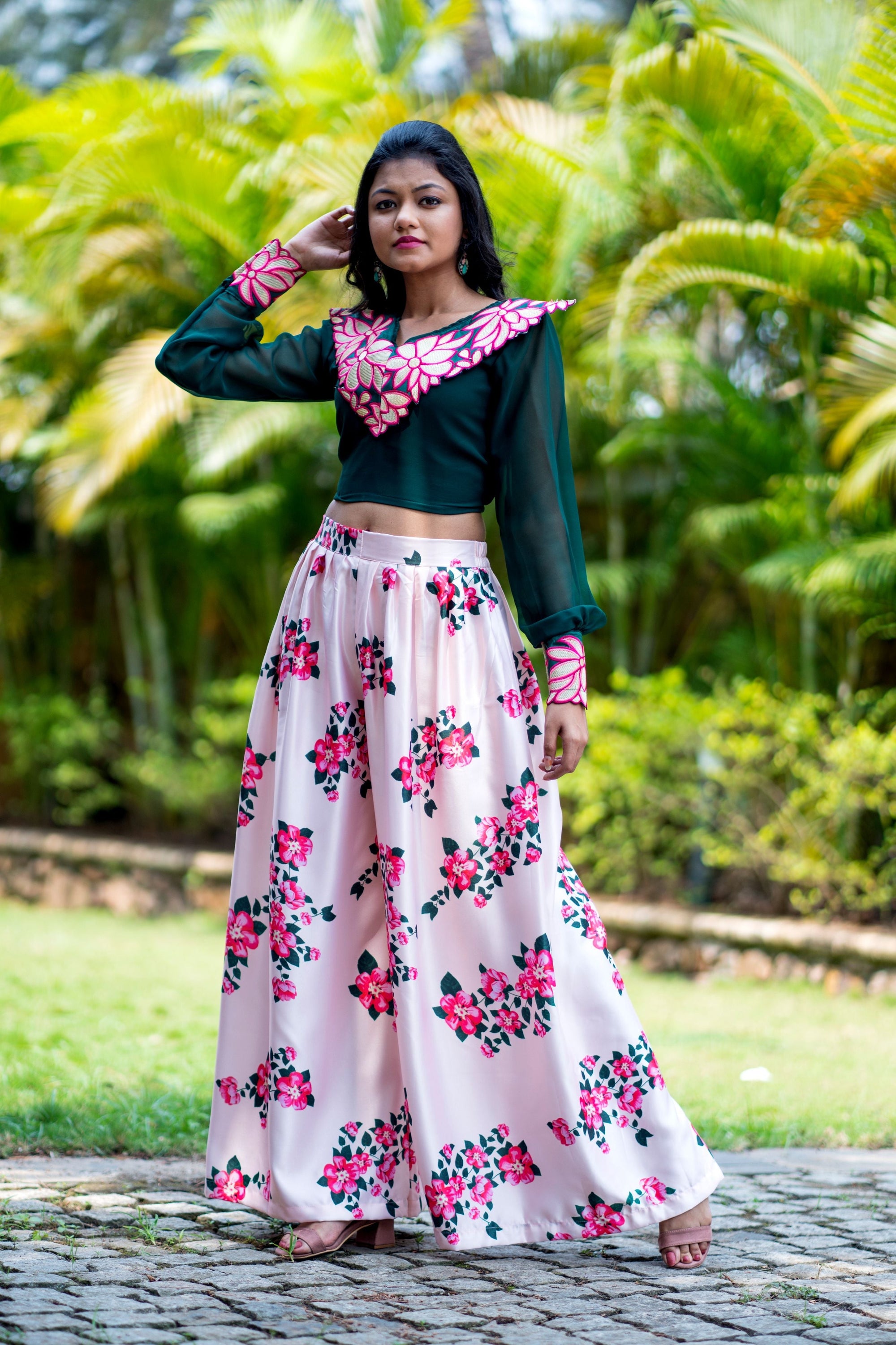 Women Embroidered Designer Top With Floral Printed Palazzo For Party and Office Wear- House of Saba