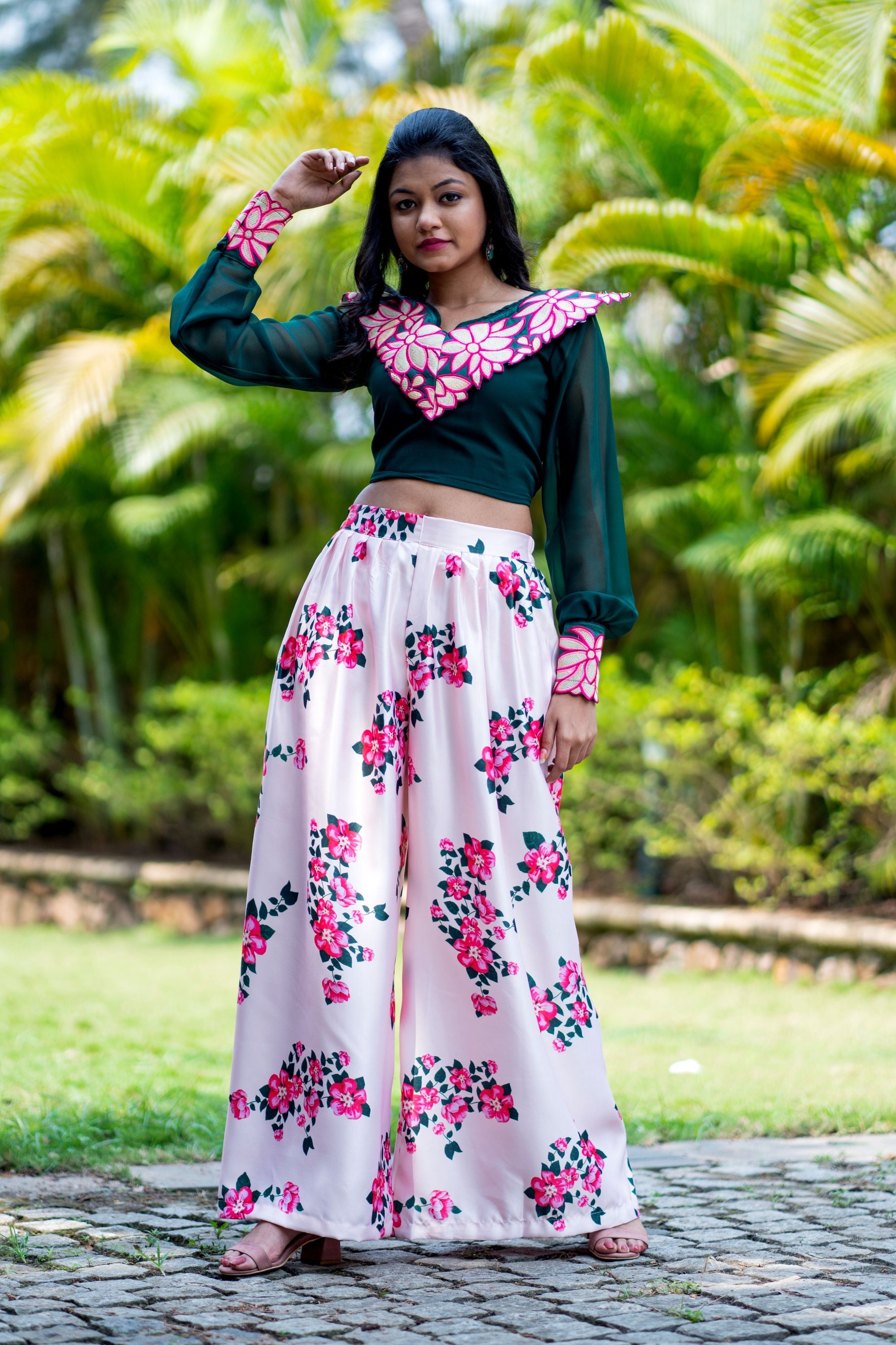Women Embroidered Designer Top With Floral Printed Palazzo For Party and Office Wear- House of Saba