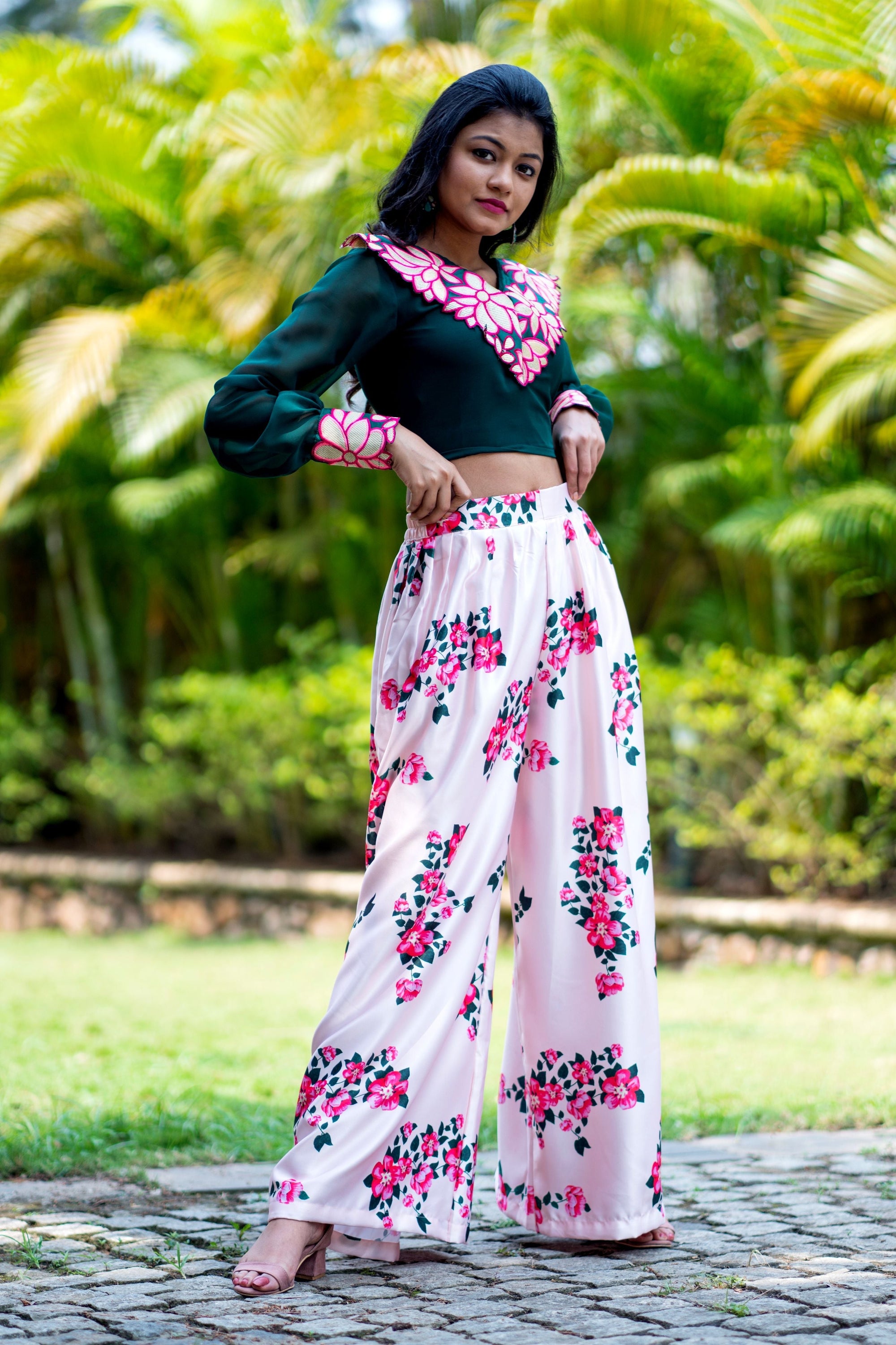 Women Embroidered Designer Top With Floral Printed Palazzo For Party and Office Wear- House of Saba