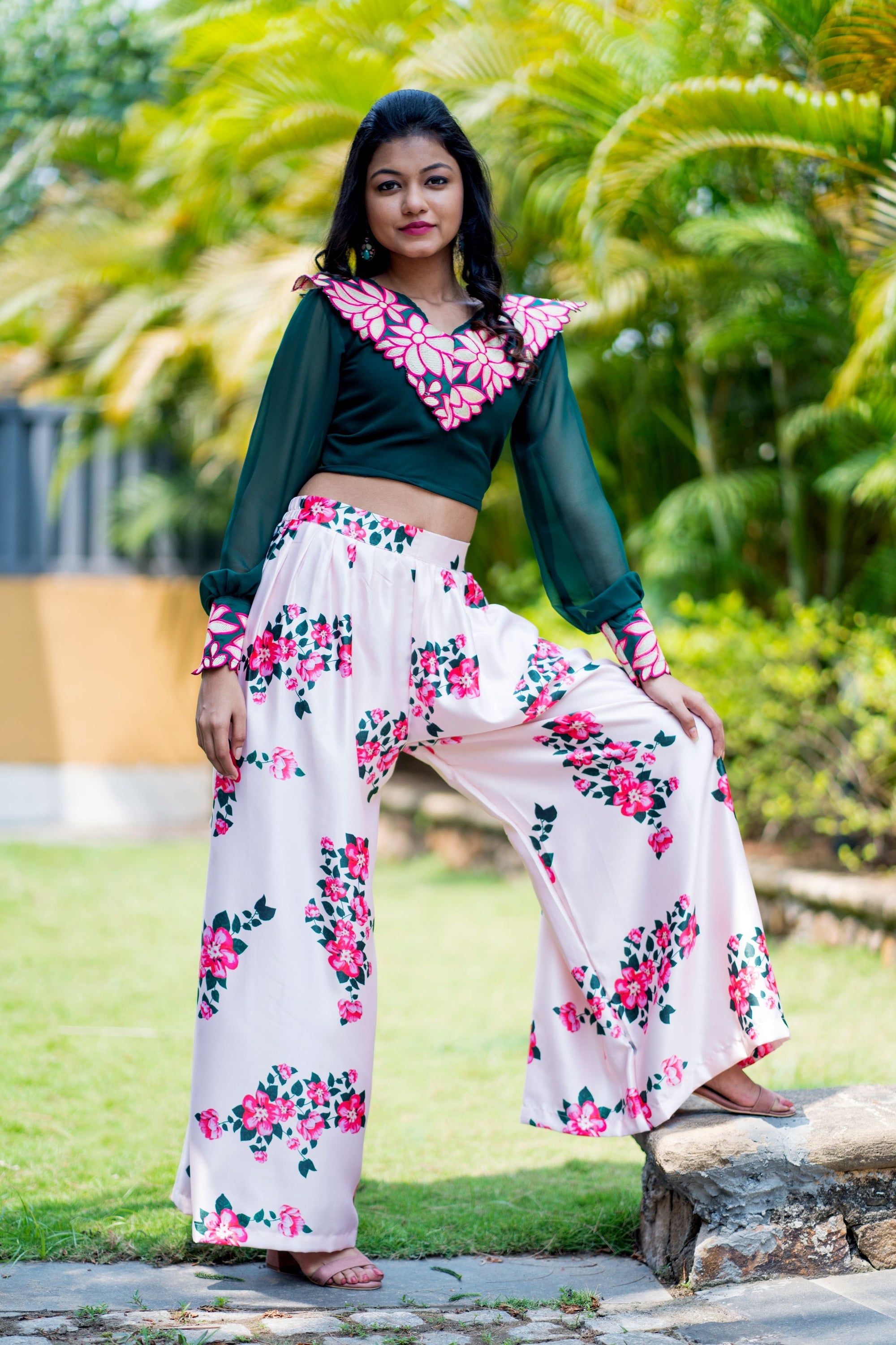 Women Embroidered Designer Top With Floral Printed Palazzo For Party and Office Wear- House of Saba