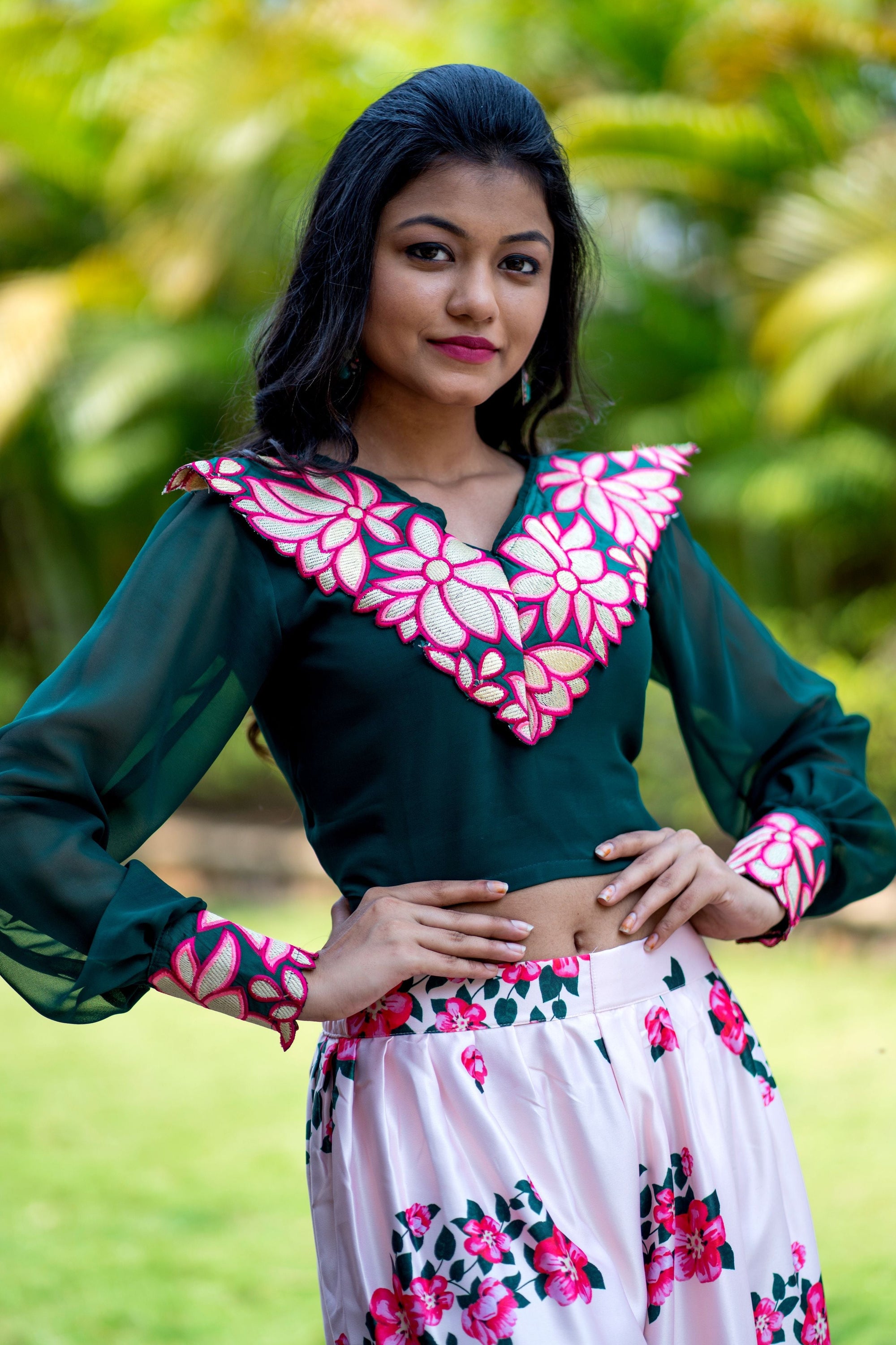 Women Embroidered Designer Top With Floral Printed Palazzo For Party and Office Wear- House of Saba