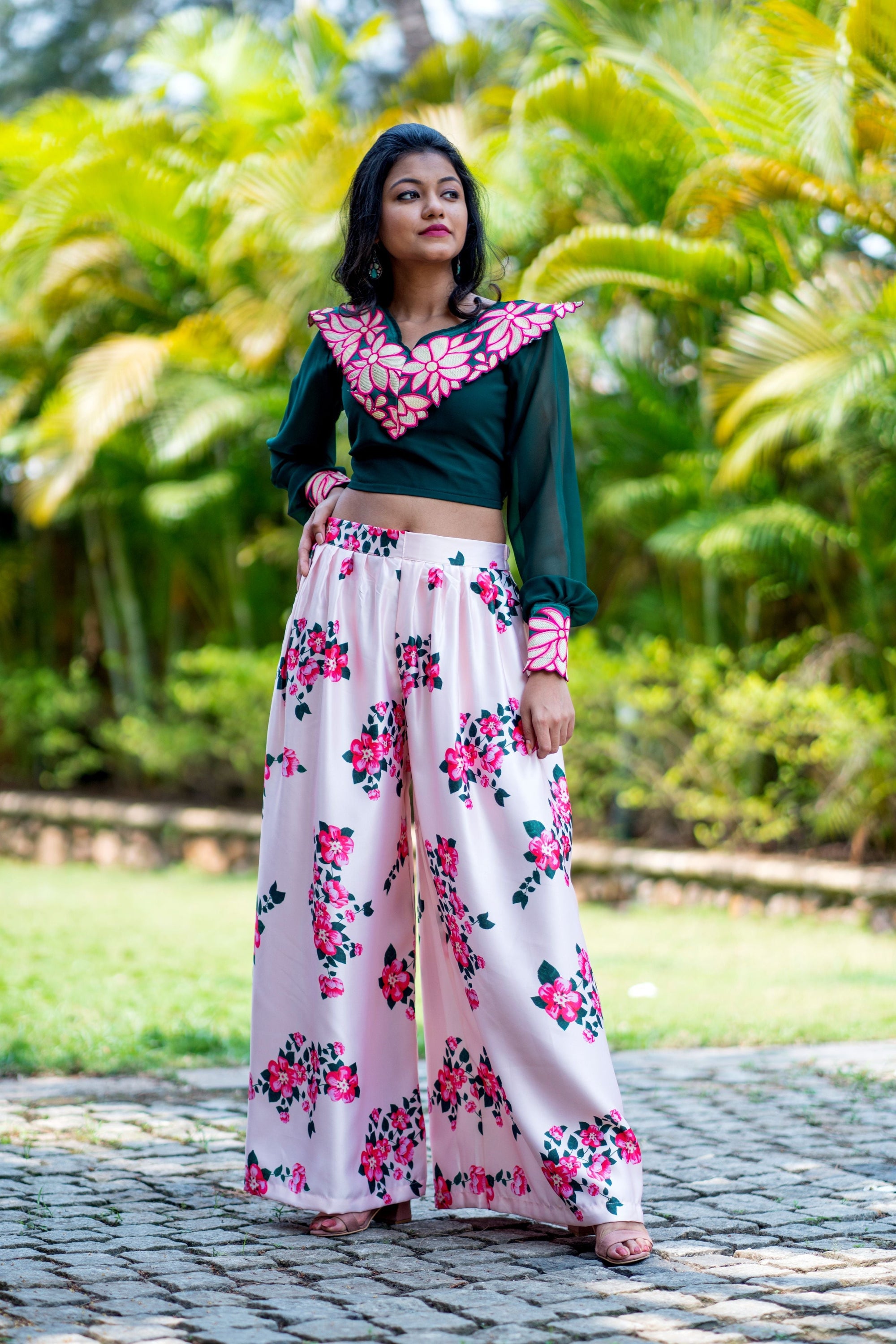 Women Embroidered Designer Top With Floral Printed Palazzo For Party and Office Wear- House of Saba