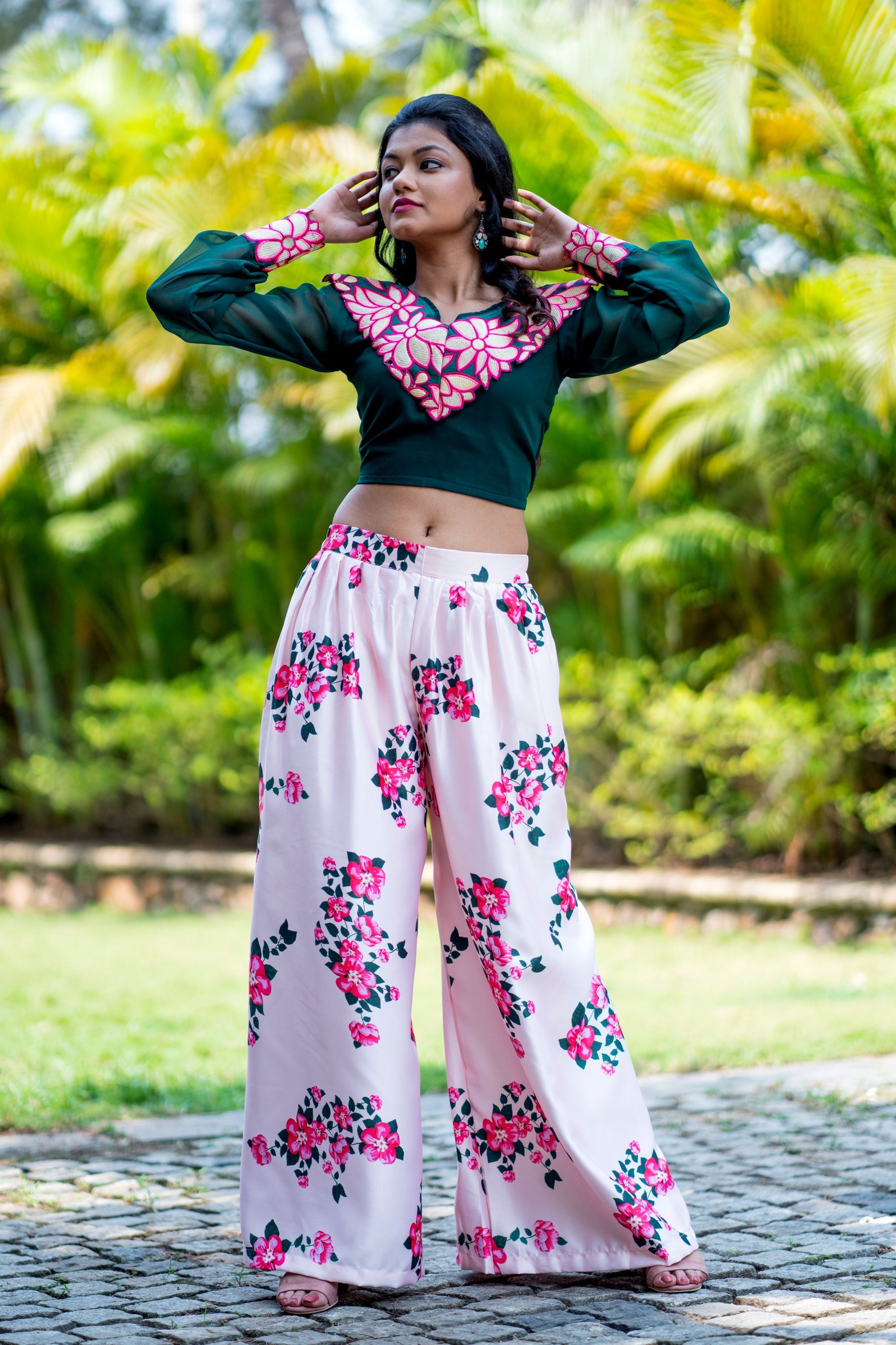 Women Embroidered Designer Top With Floral Printed Palazzo For Party and Office Wear- House of Saba
