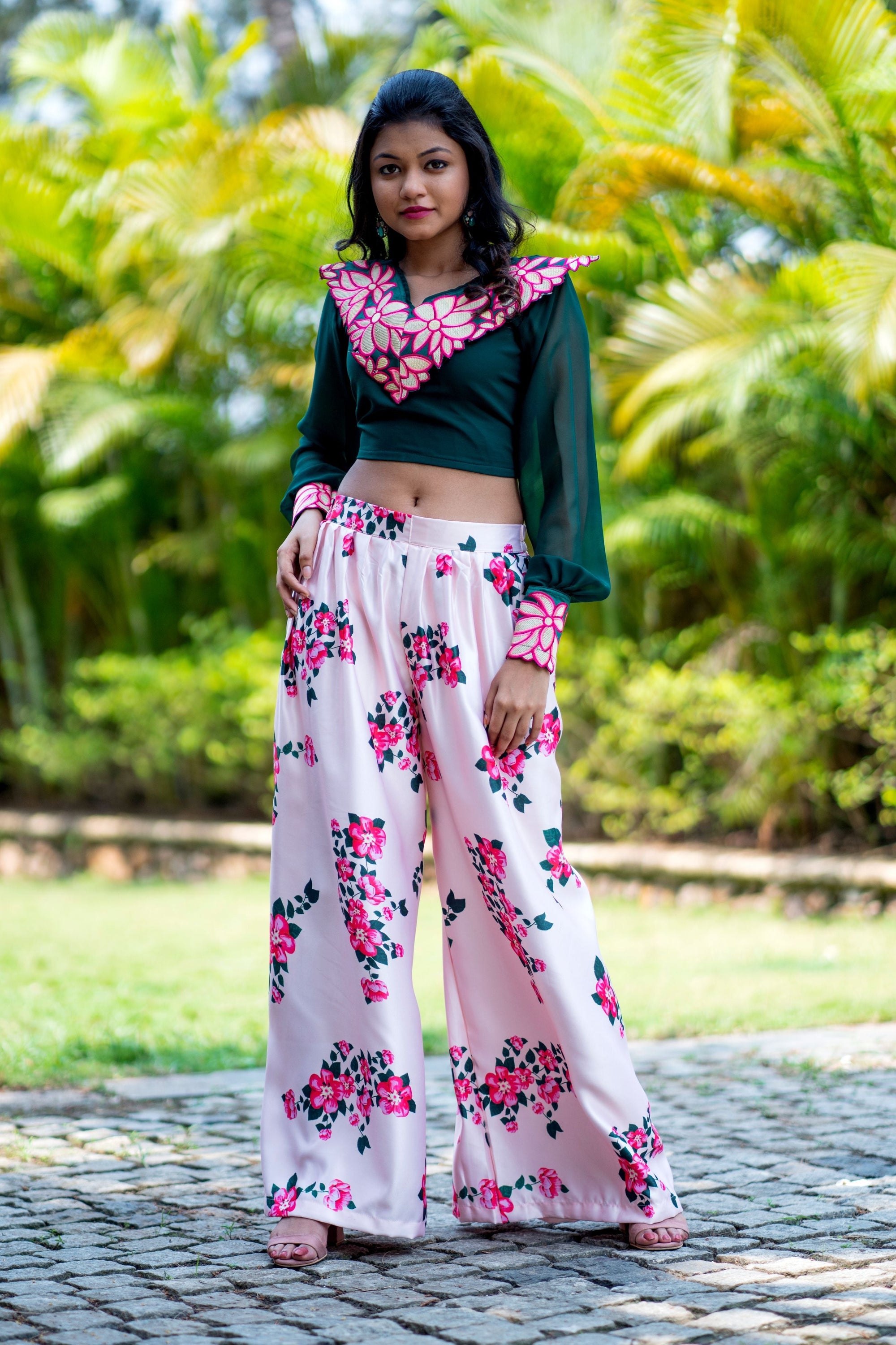 Women Embroidered Designer Top With Floral Printed Palazzo For Party and Office Wear- House of Saba