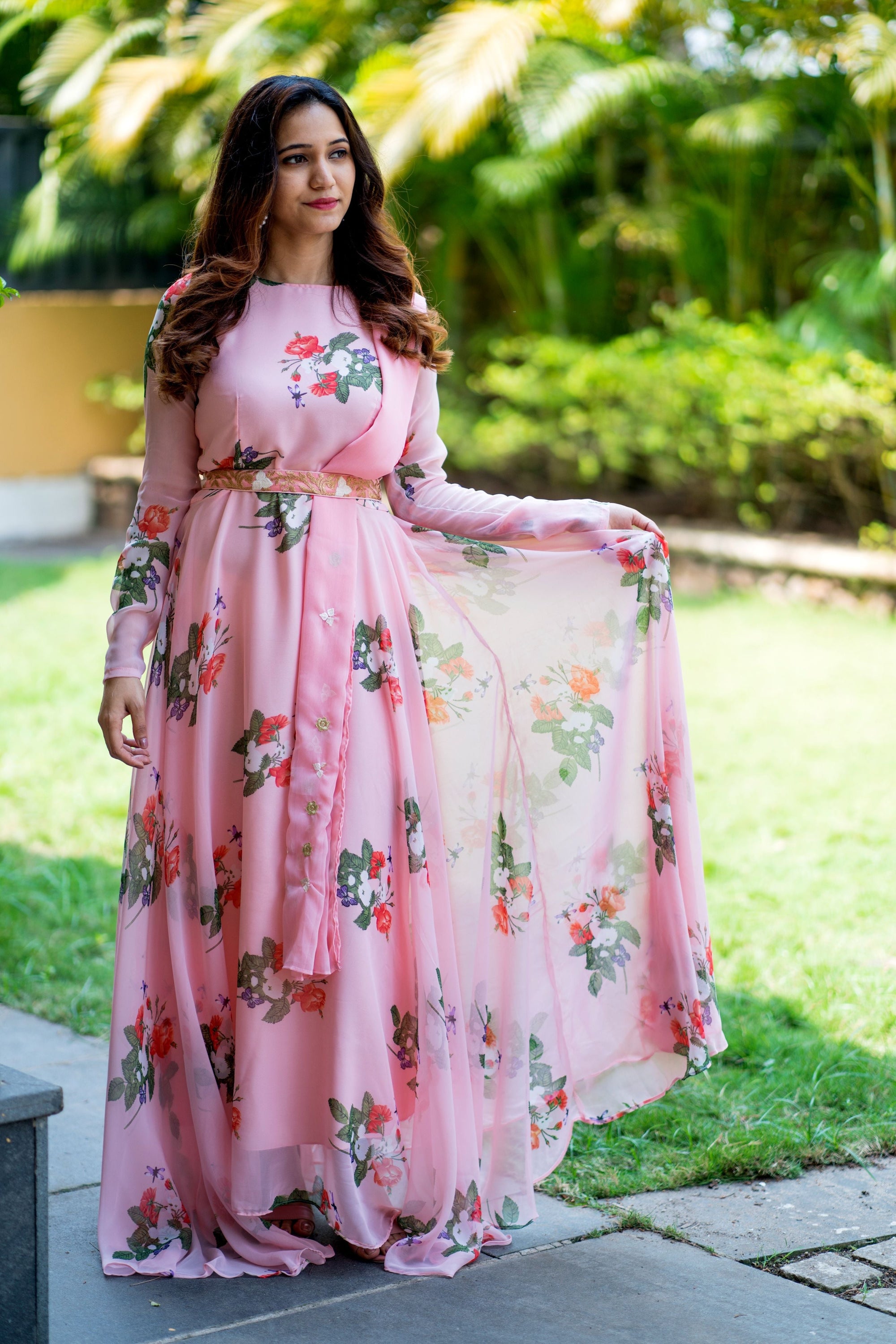 Women Peach Floral Printed Maxi Dress With Dupatta - House of Saba